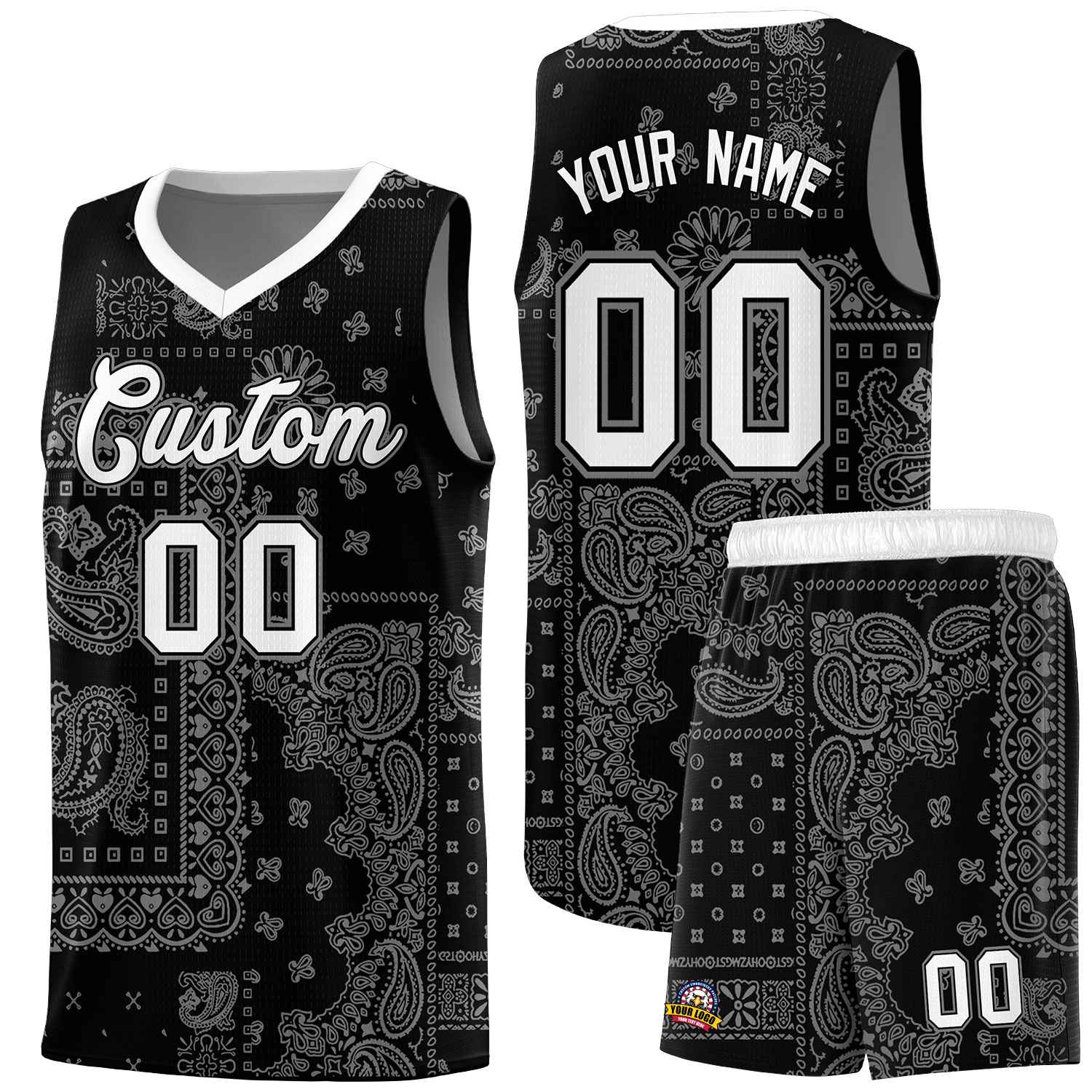 Custom Black Basketball Kits With White Cashew Flower Print Pattern