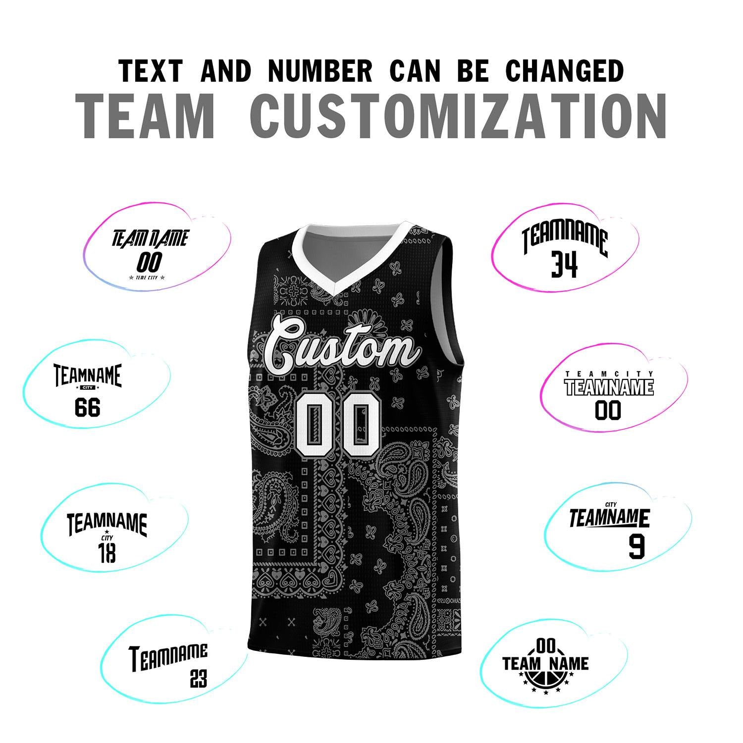 Custom Black Basketball Kits With White Cashew Flower Print Pattern