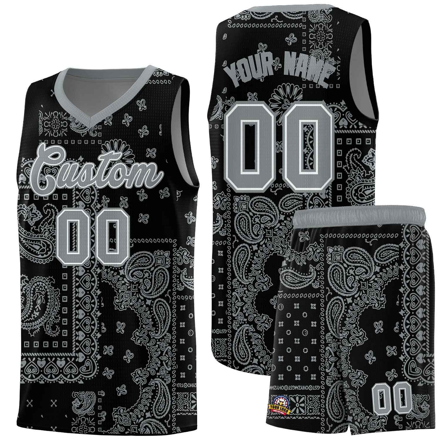Custom Black Basketball Kits With Silver Cashew Flower Print Pattern