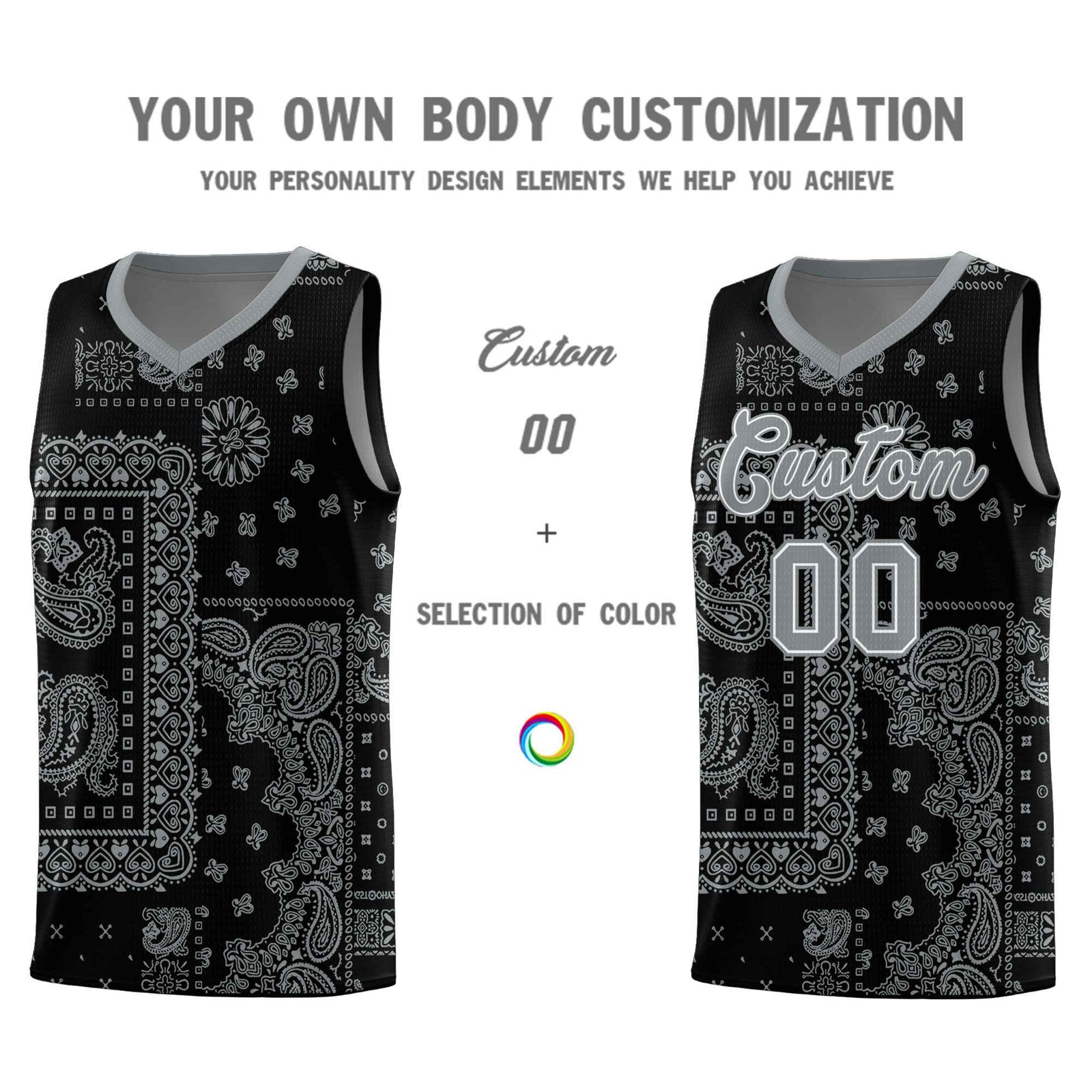 Custom Black Basketball Kits With Silver Cashew Flower Print Pattern