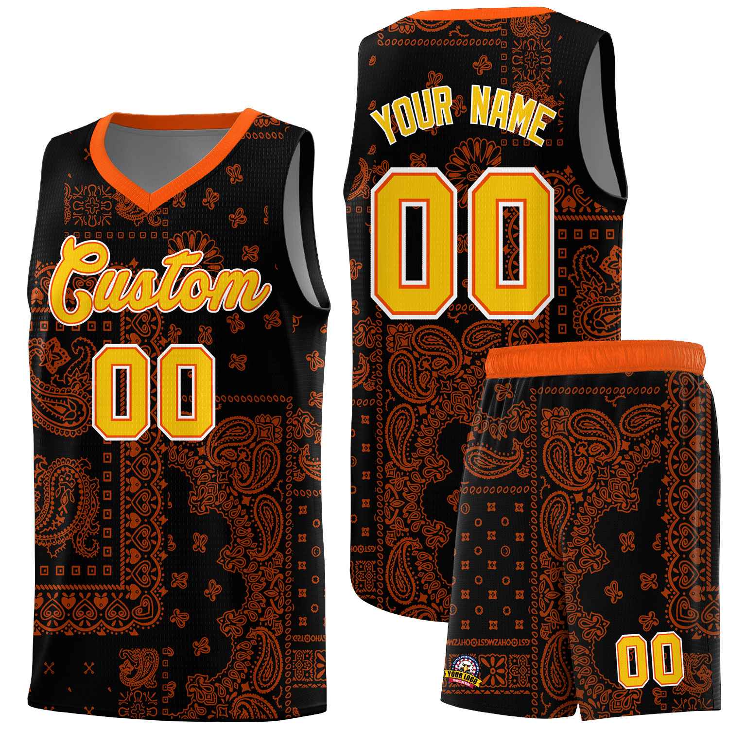 Custom Black Basketball Kits With Orange Cashew Flower Print Pattern