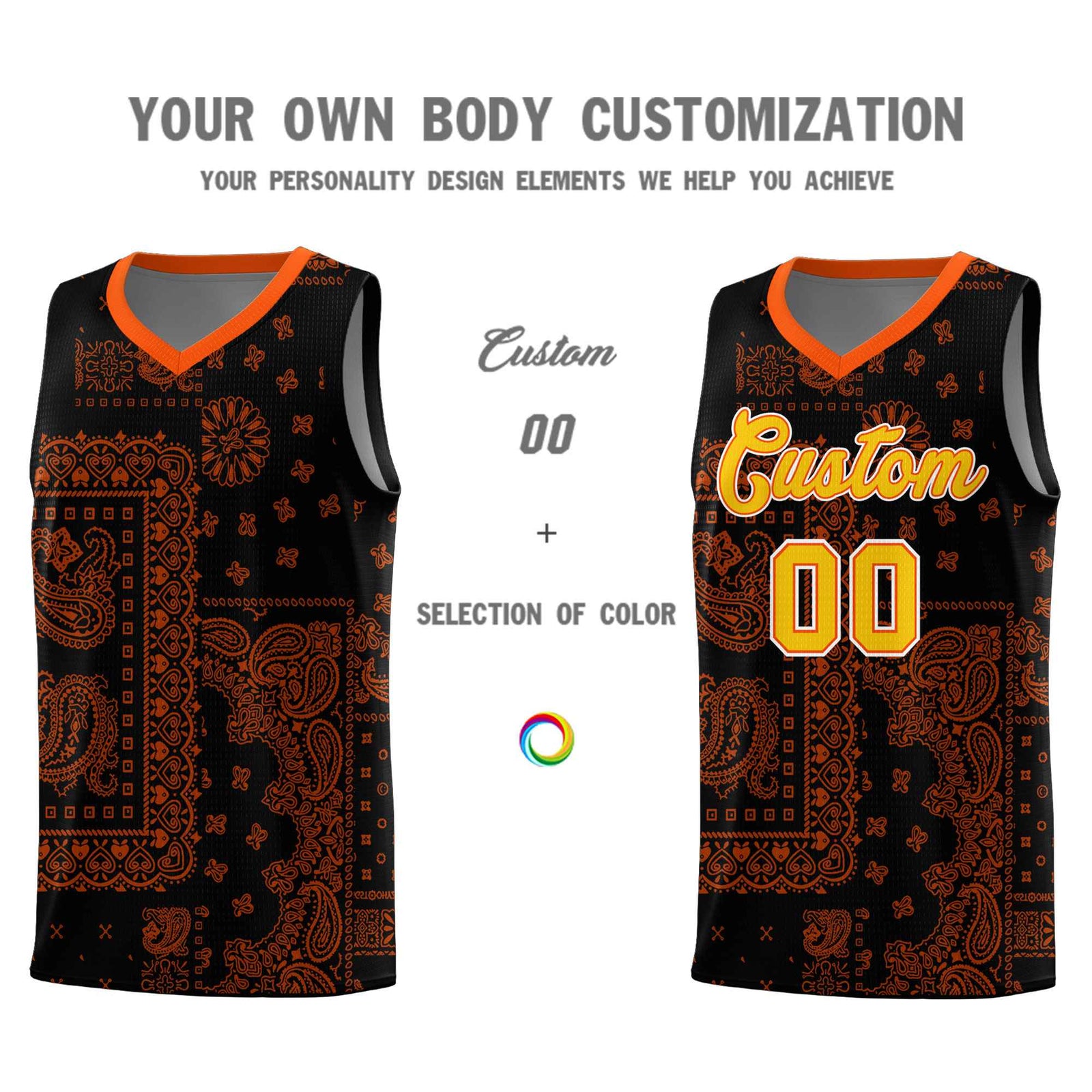Custom Black Basketball Kits With Orange Cashew Flower Print Pattern