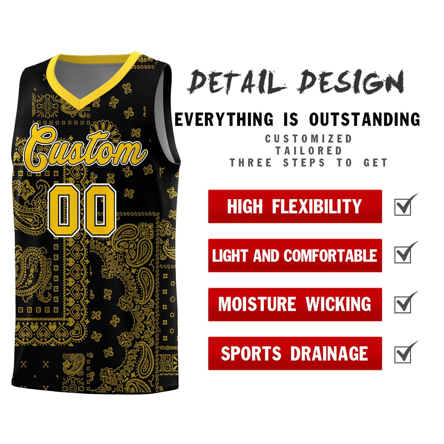 Custom Black Basketball Kits With Gold Cashew Flower Print Pattern