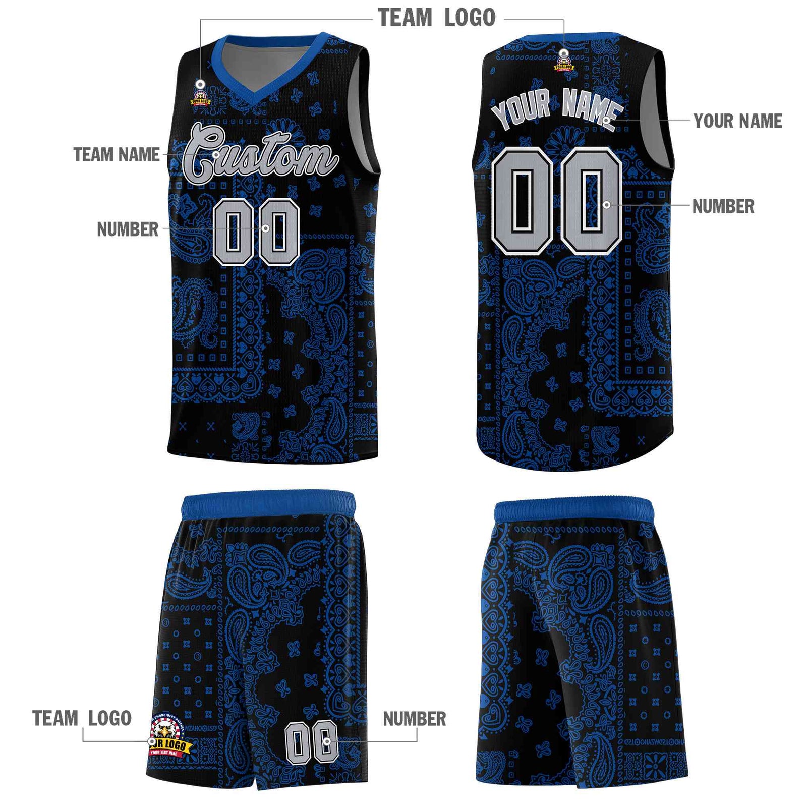 Custom Black Basketball Kits With Royal Cashew Flower Print Pattern