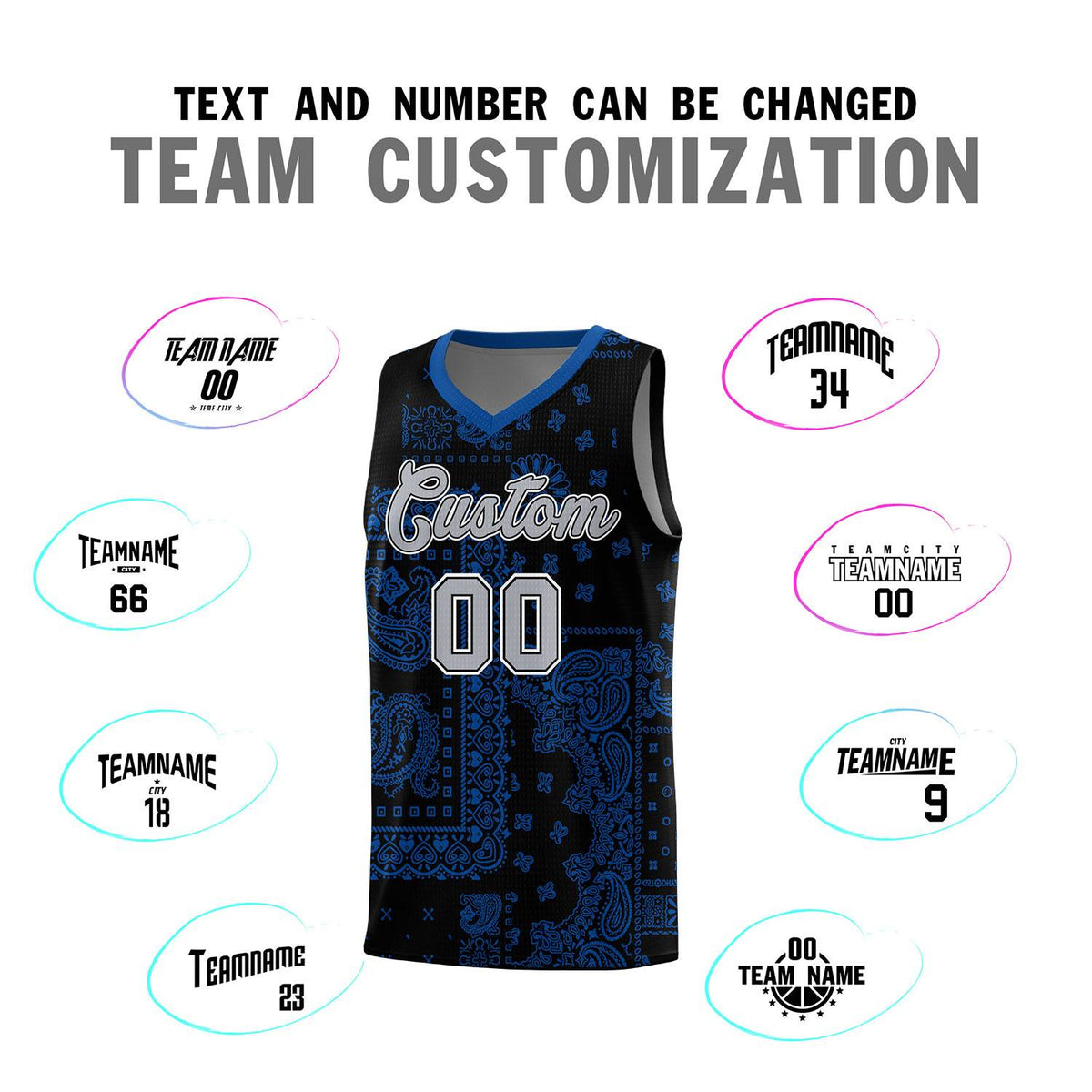 Custom Black Basketball Kits With Royal Cashew Flower Print Pattern
