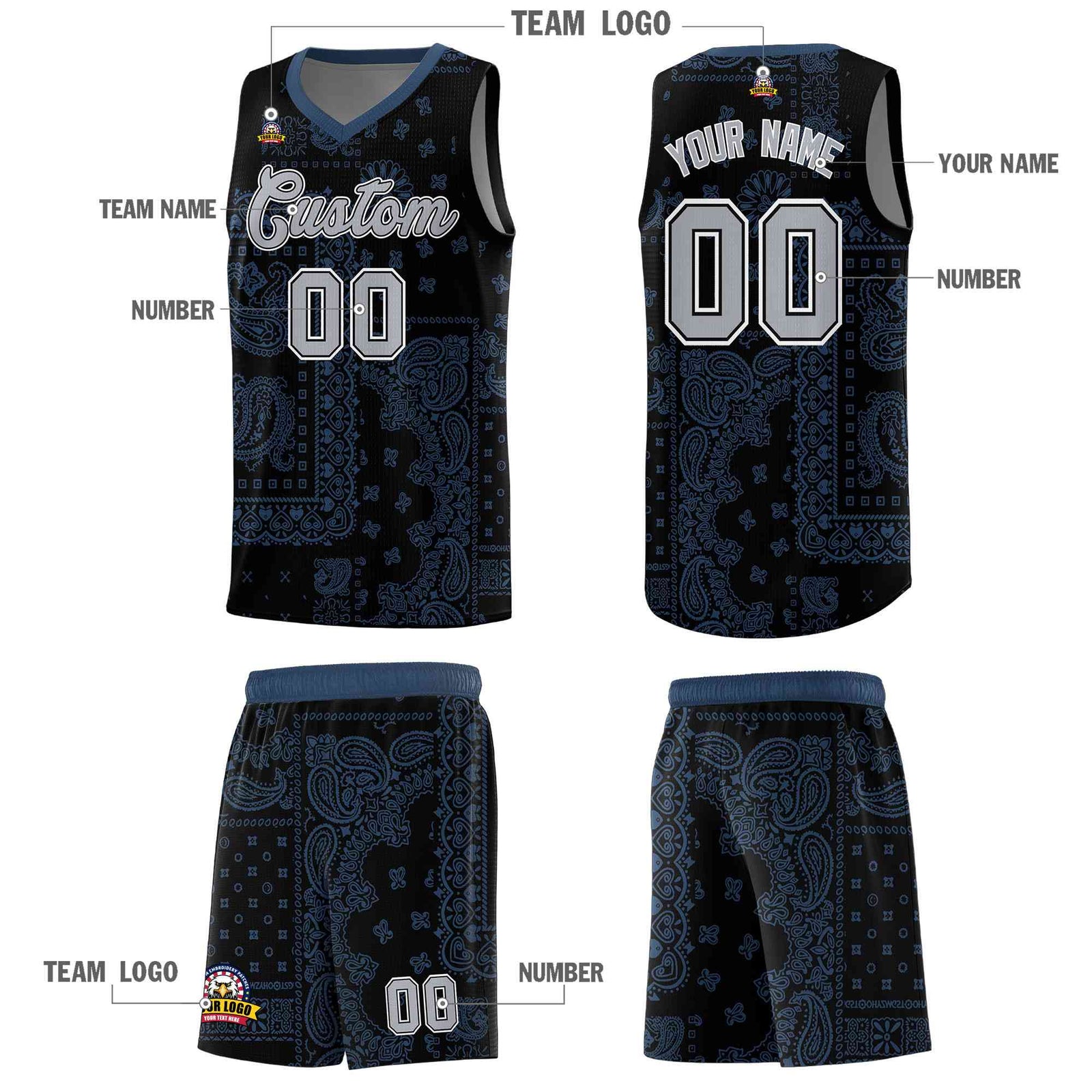 Custom Black Basketball Kits With Midnight Blue Cashew Flower Print Pattern
