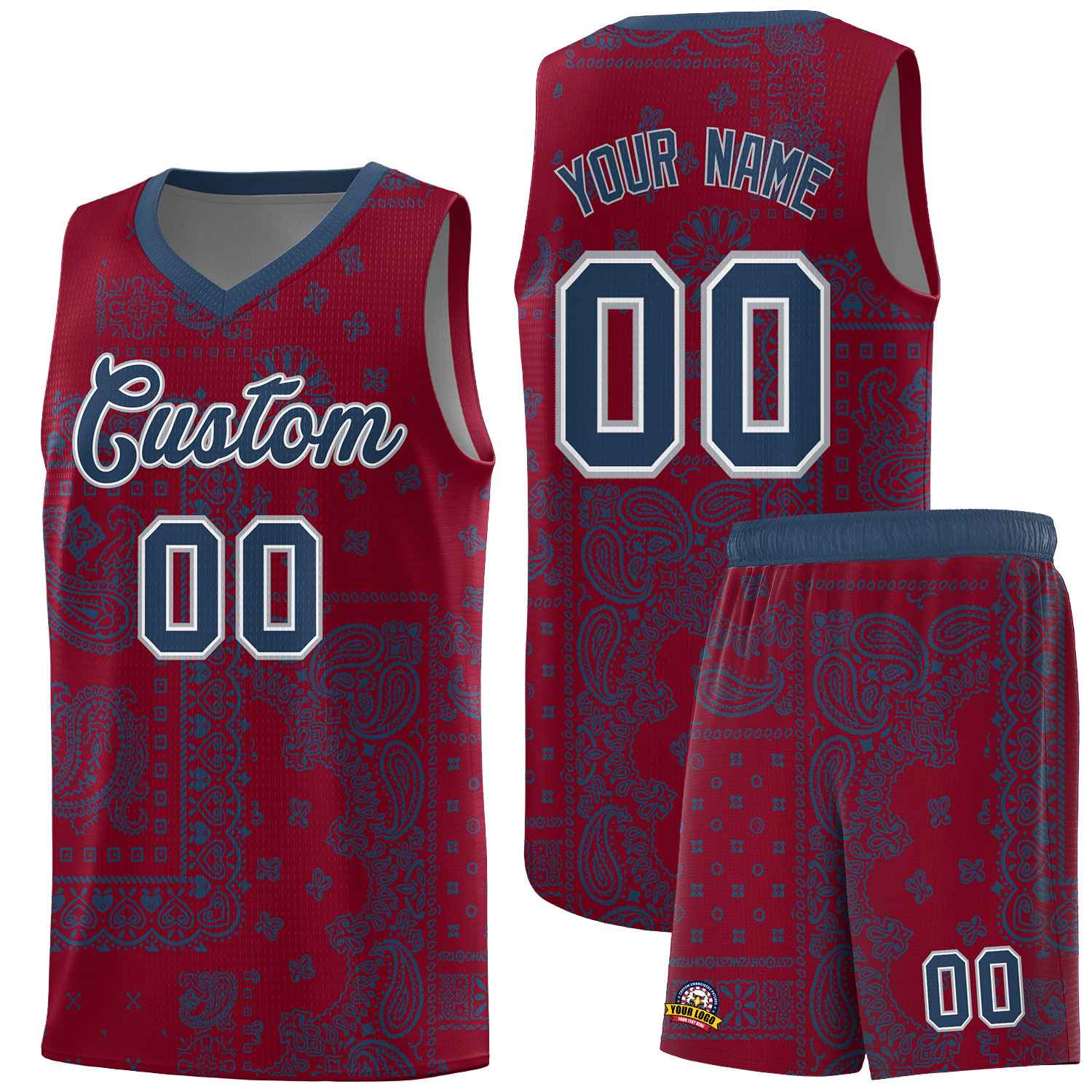 Custom Crimson Basketball Kits With Midnight Blue Cashew Flower Print Pattern