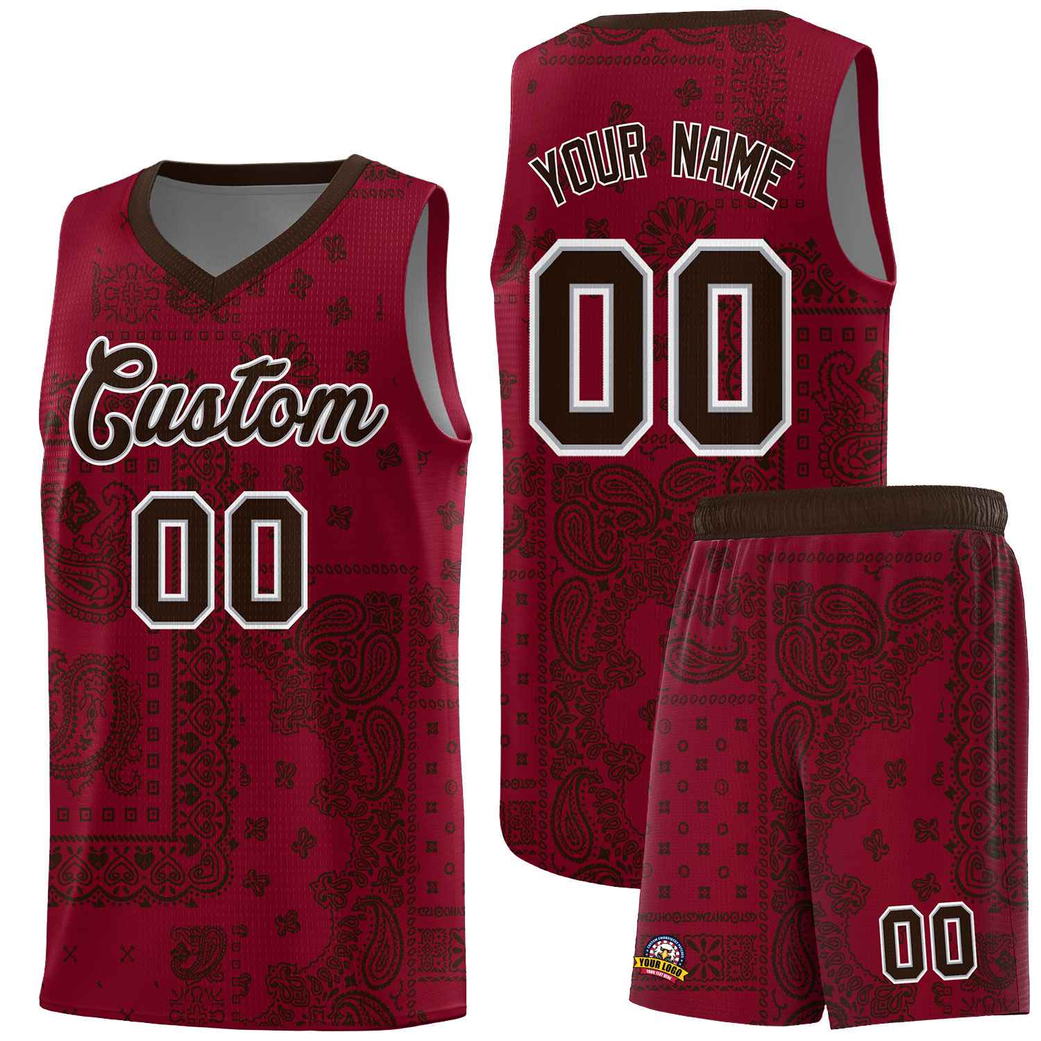 Custom Crimson Basketball Kits With Brown Cashew Flower Print Pattern