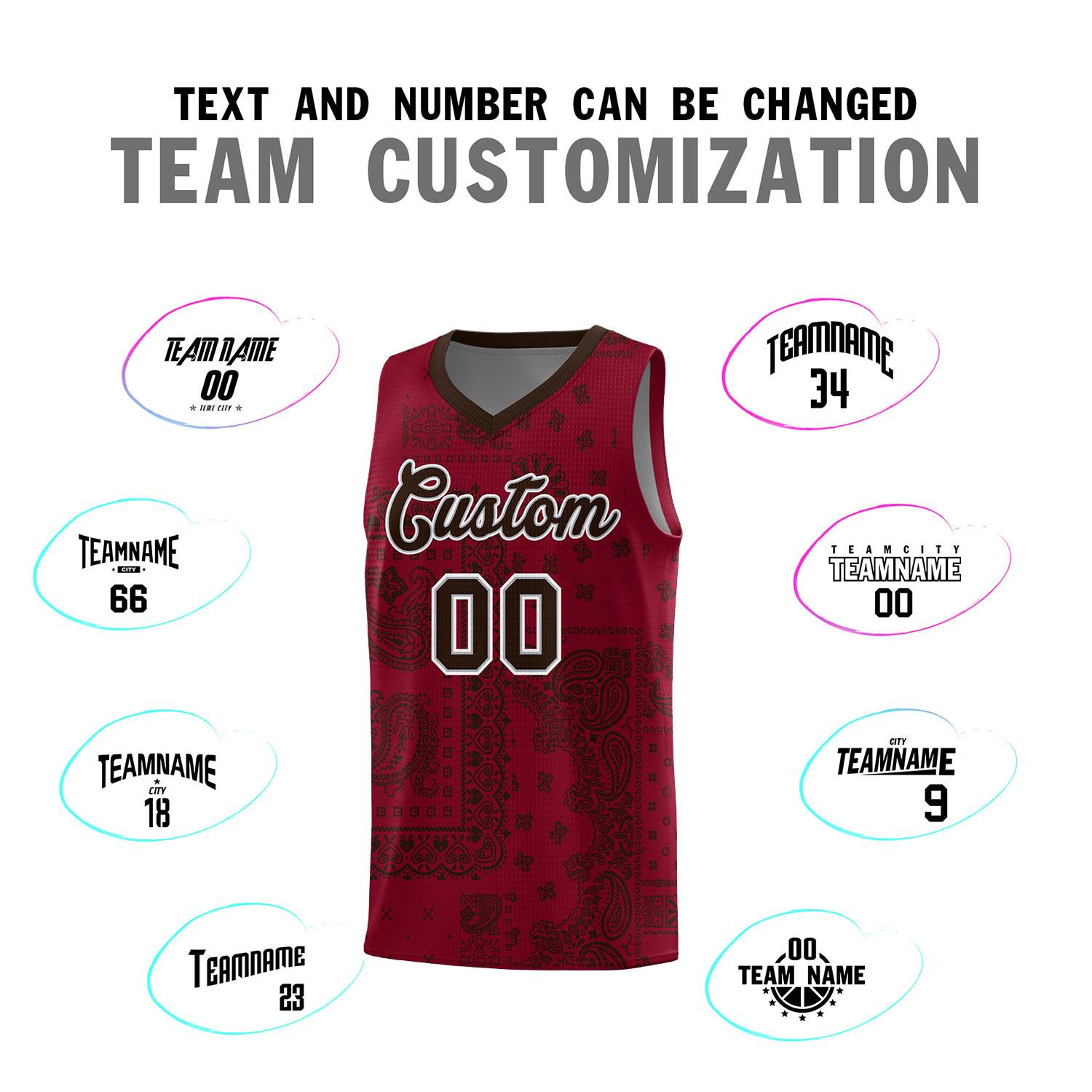 Custom Crimson Basketball Kits With Brown Cashew Flower Print Pattern