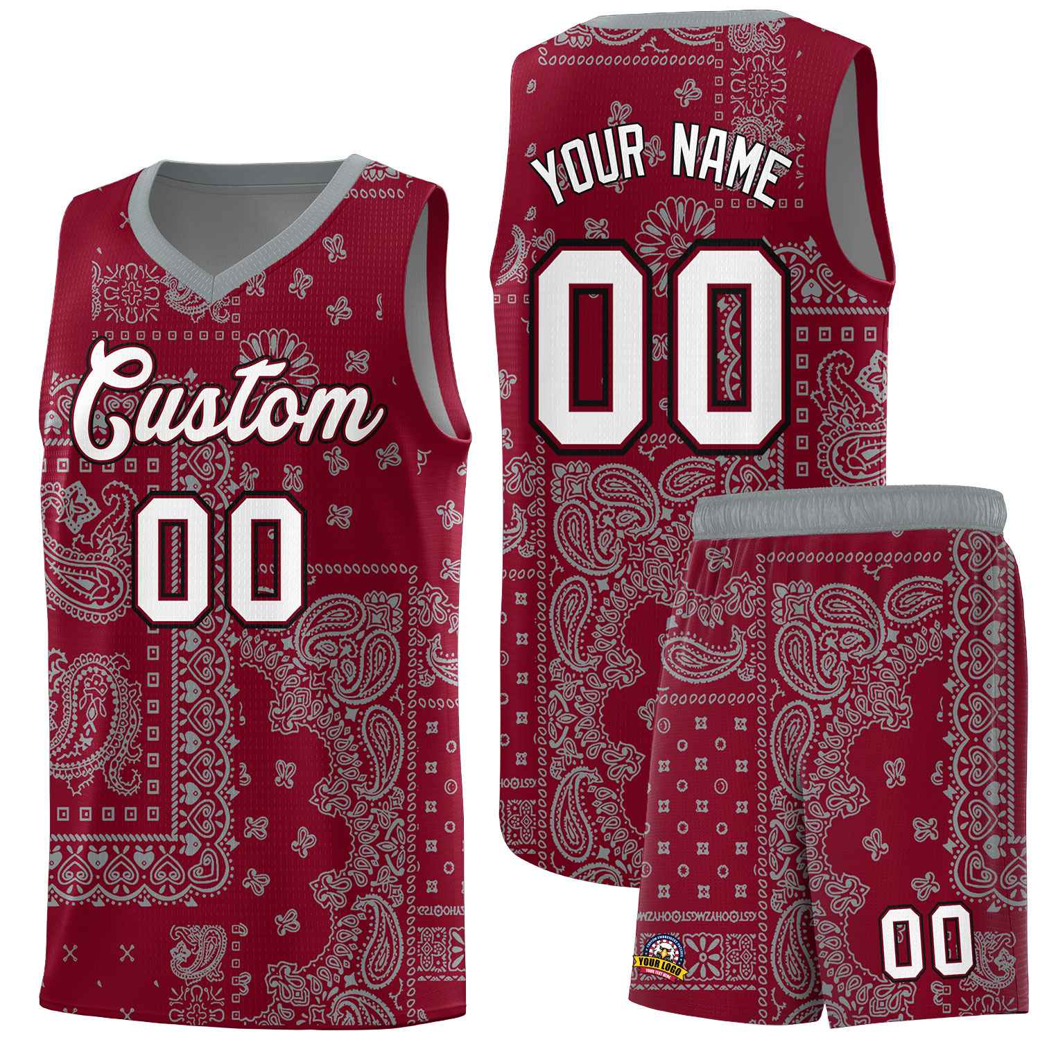 Custom Crimson Basketball Kits With Gray Cashew Flower Print Pattern