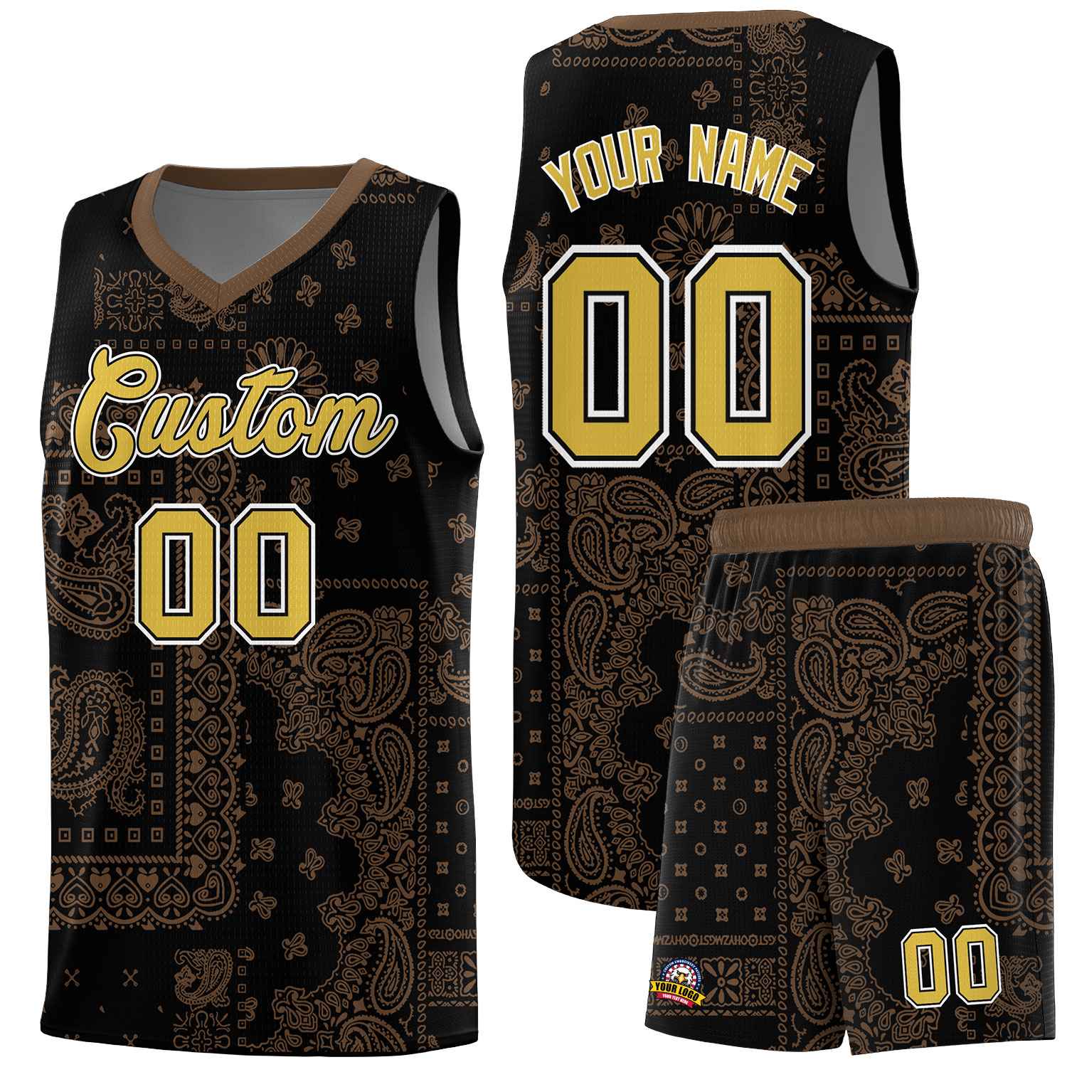 Custom Black Basketball Kits With Light Brown Cashew Flower Print Pattern