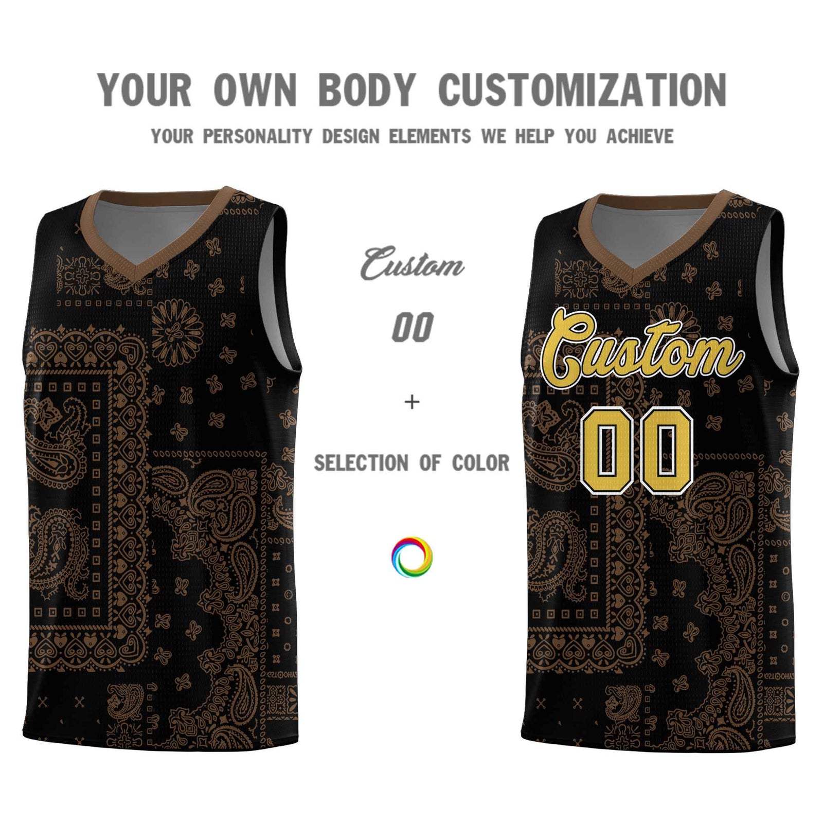Custom Black Basketball Kits With Light Brown Cashew Flower Print Pattern