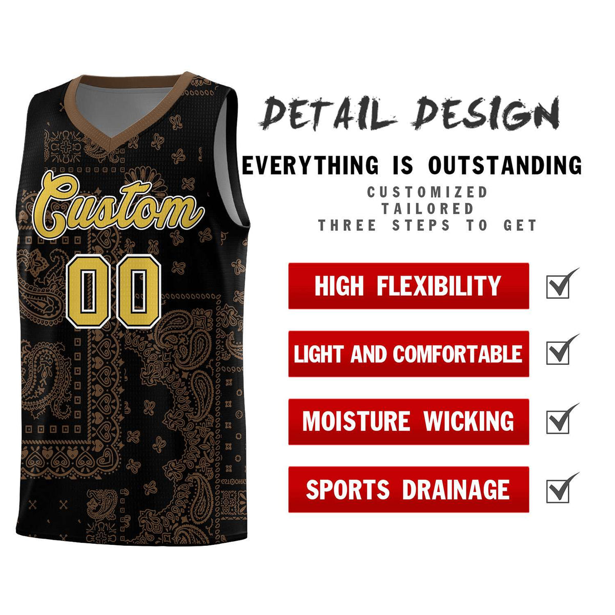 Custom Black Basketball Kits With Light Brown Cashew Flower Print Pattern