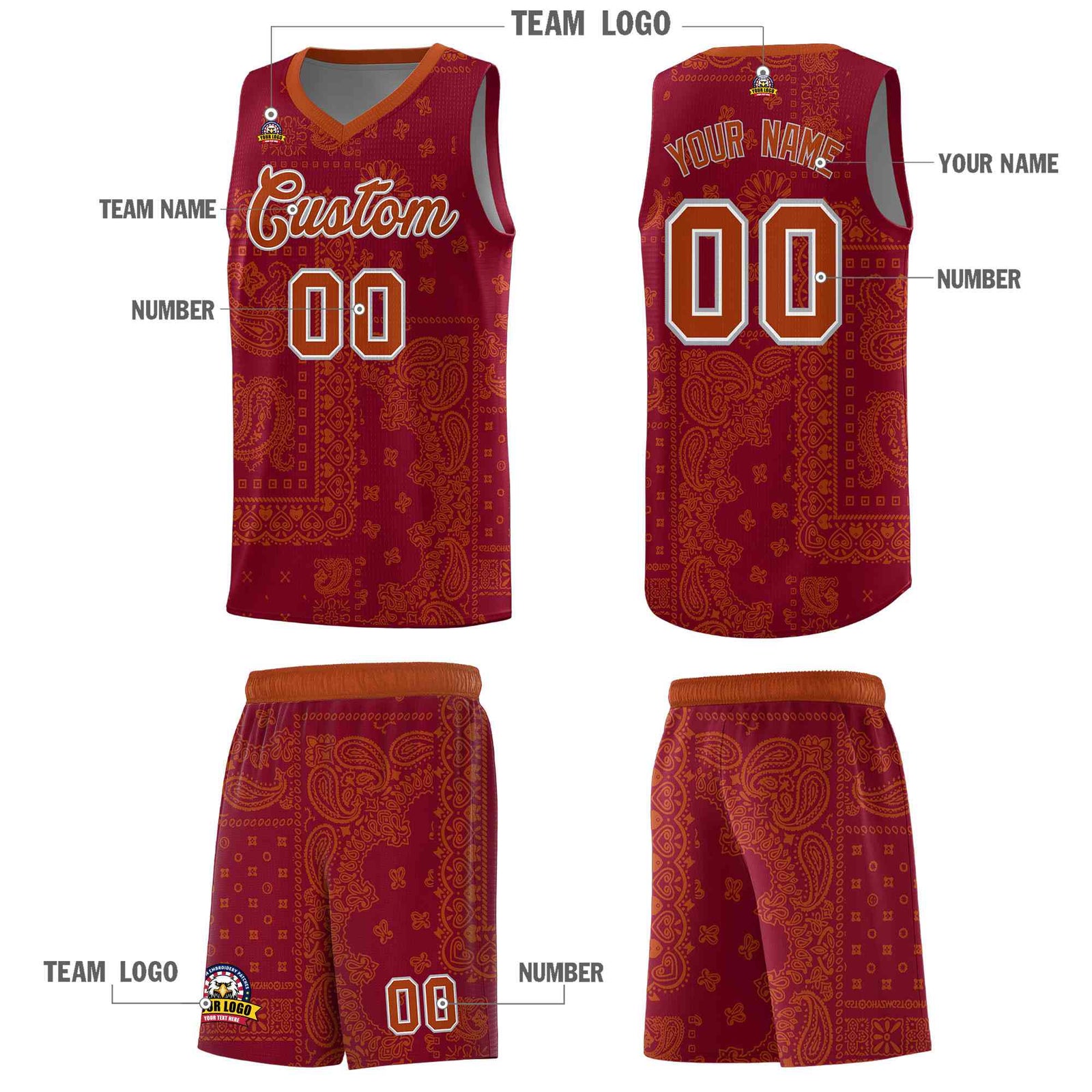 Custom Crimson Basketball Kits With Texas Orange Cashew Flower Print Pattern