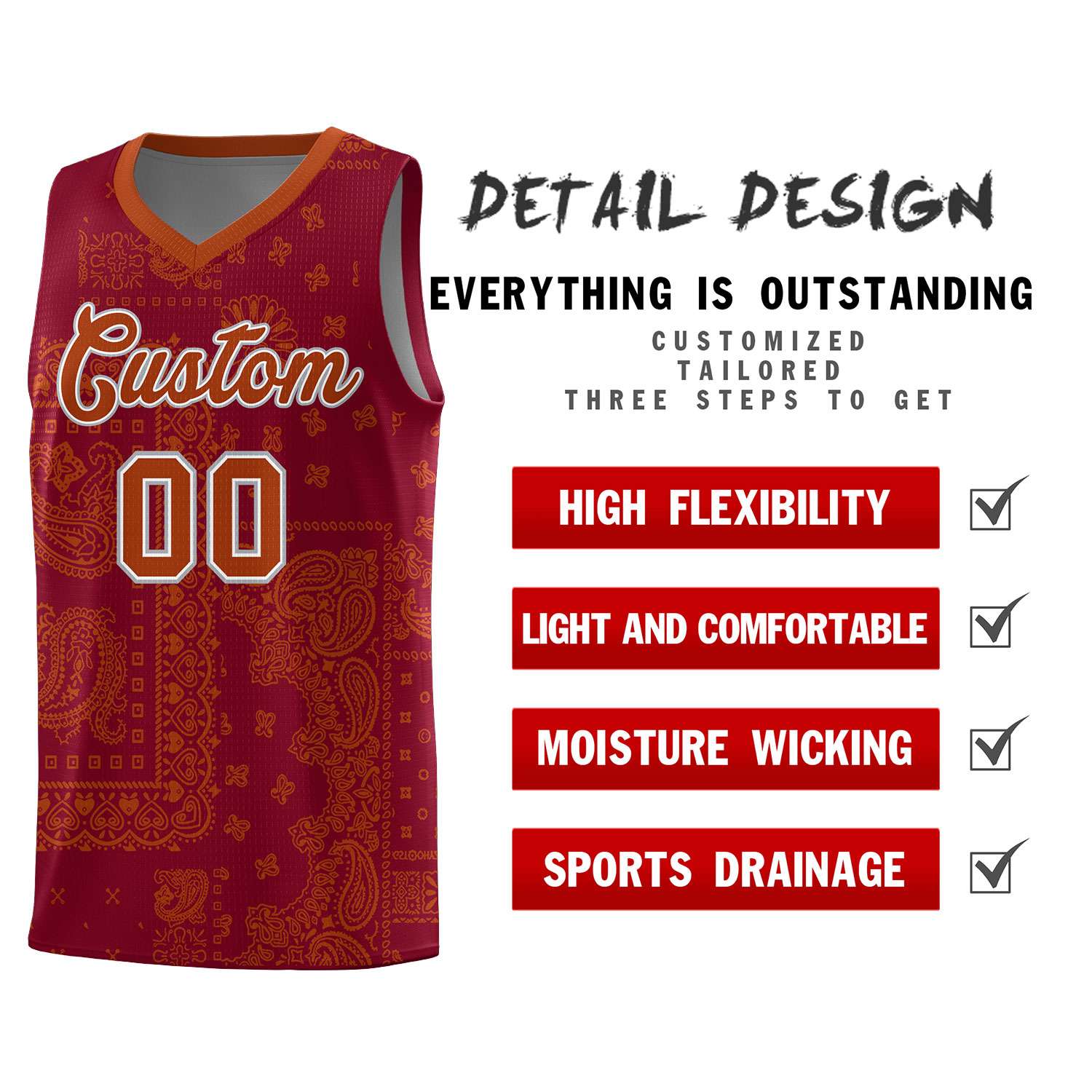 Custom Crimson Basketball Kits With Texas Orange Cashew Flower Print Pattern