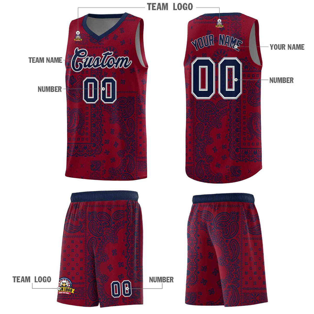 Custom Crimson Basketball Kits With Navy Cashew Flower Print Pattern