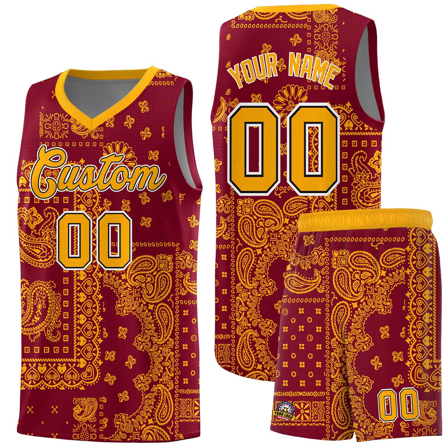 Custom Crimson Basketball Kits With Royal Cashew Flower Print Pattern