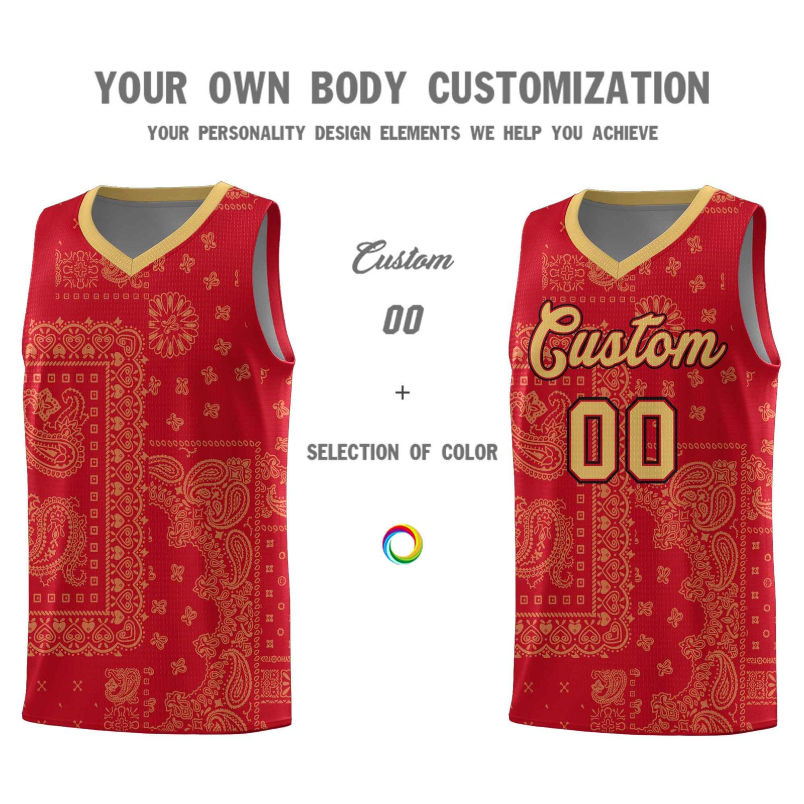 Custom Red Basketball Kits With Old Gold Cashew Flower Print Pattern