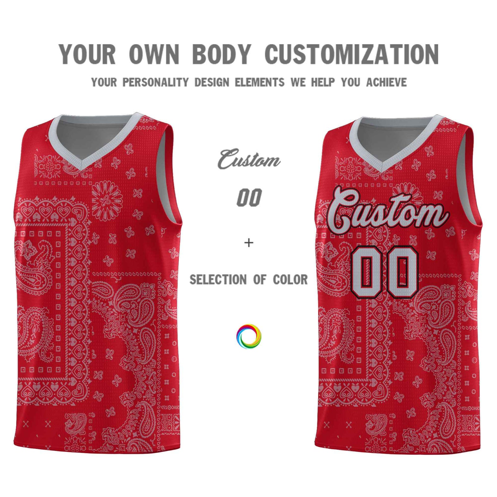 Custom Red Basketball Kits With Silver Gray Cashew Flower Print Pattern