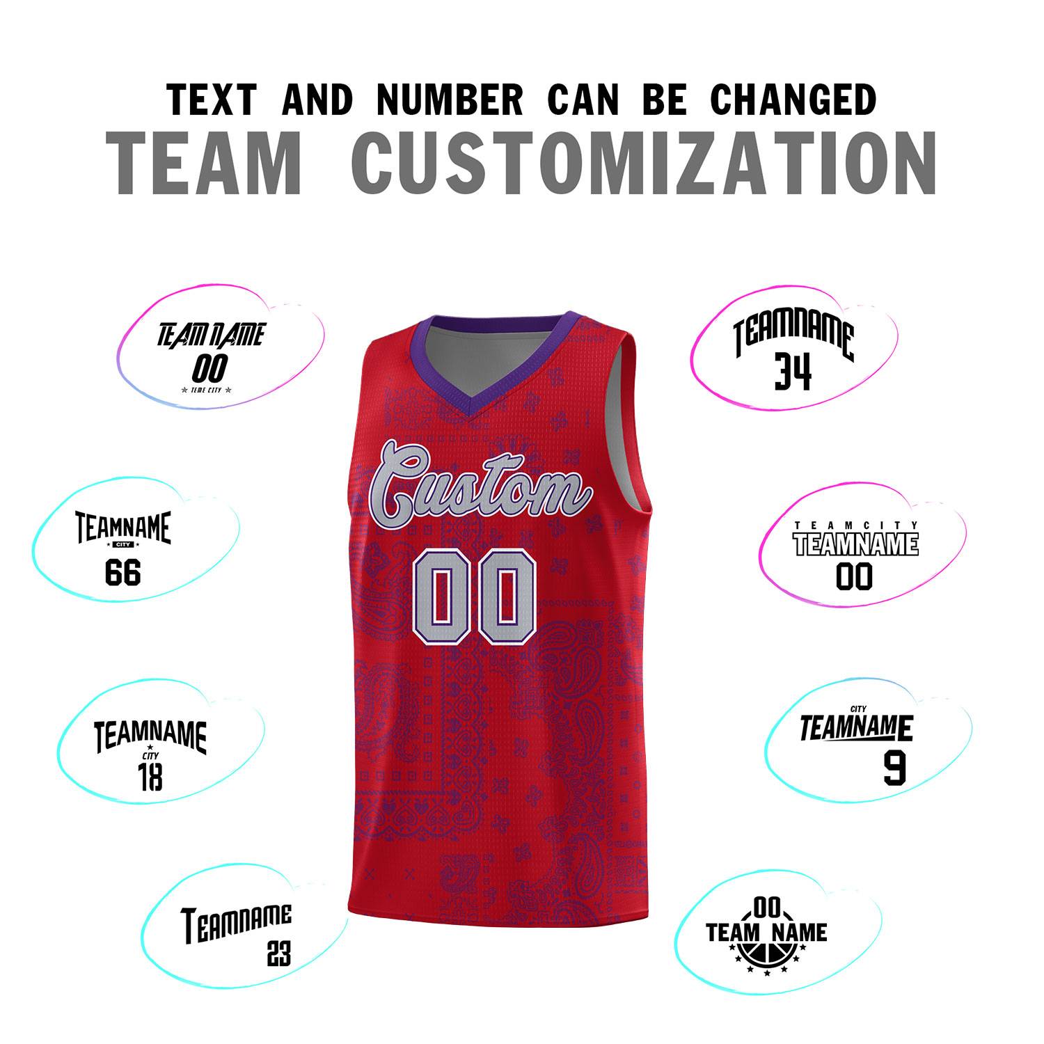 Custom Red Basketball Kits With Purple Cashew Flower Print Pattern