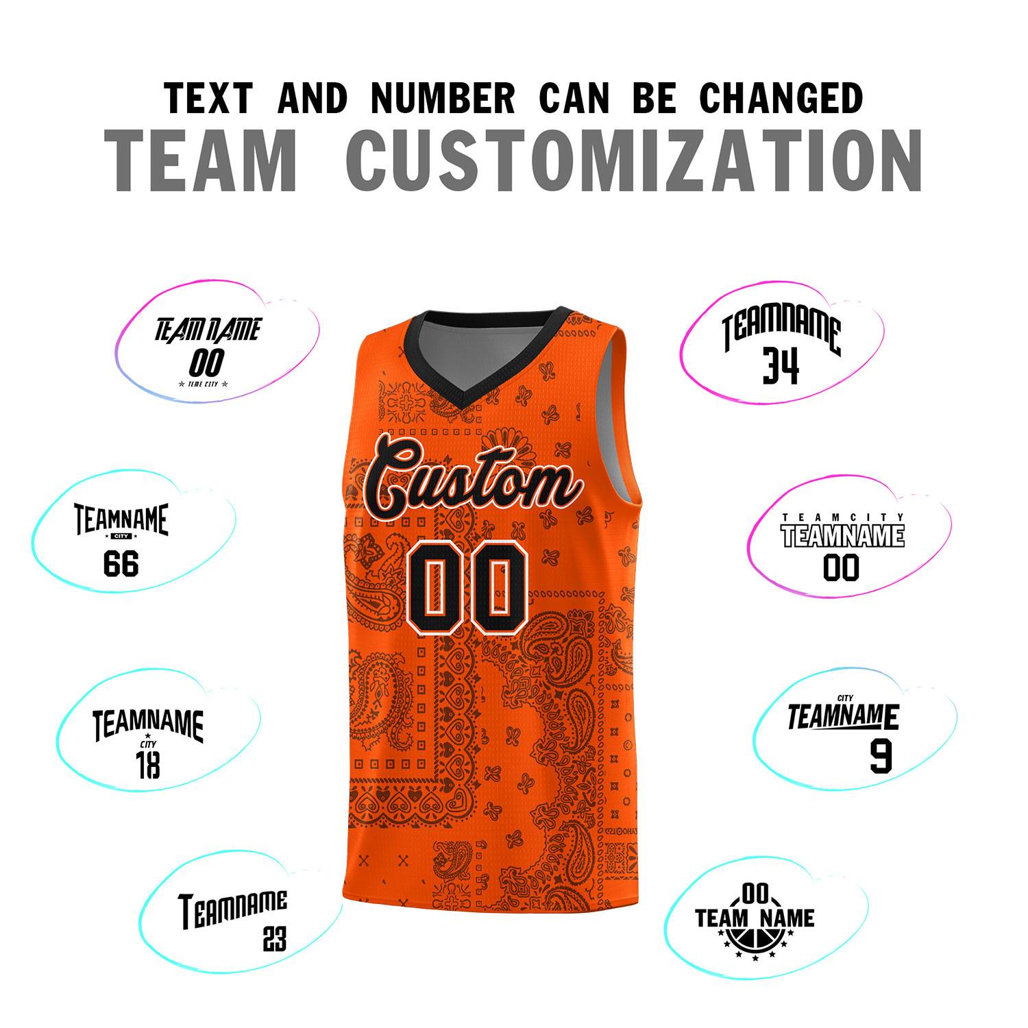 Custom Orange Basketball Kits With Black Cashew Flower Print Pattern