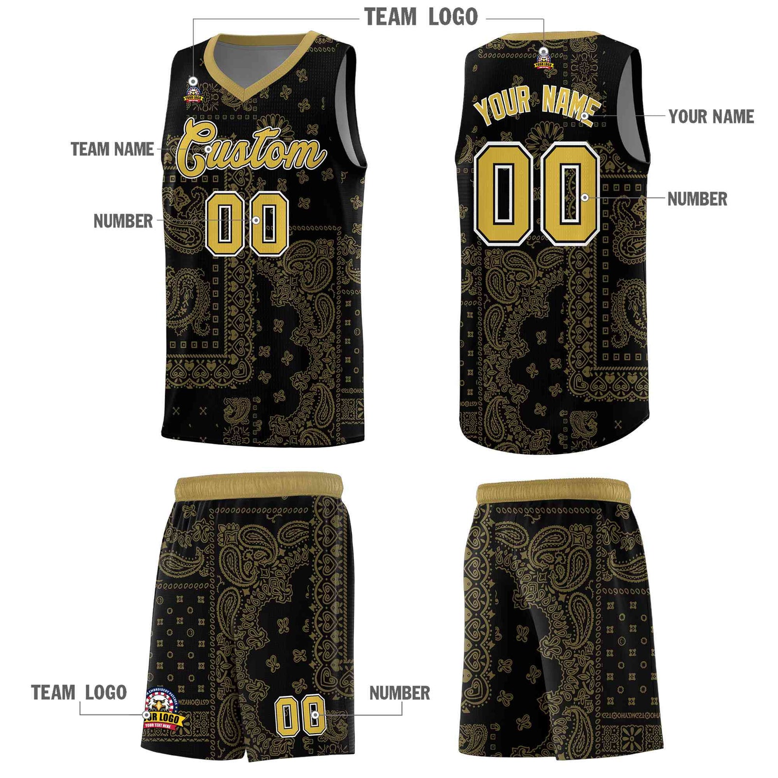 Custom Black Basketball Kits With Old Gold Cashew Flower Print Pattern