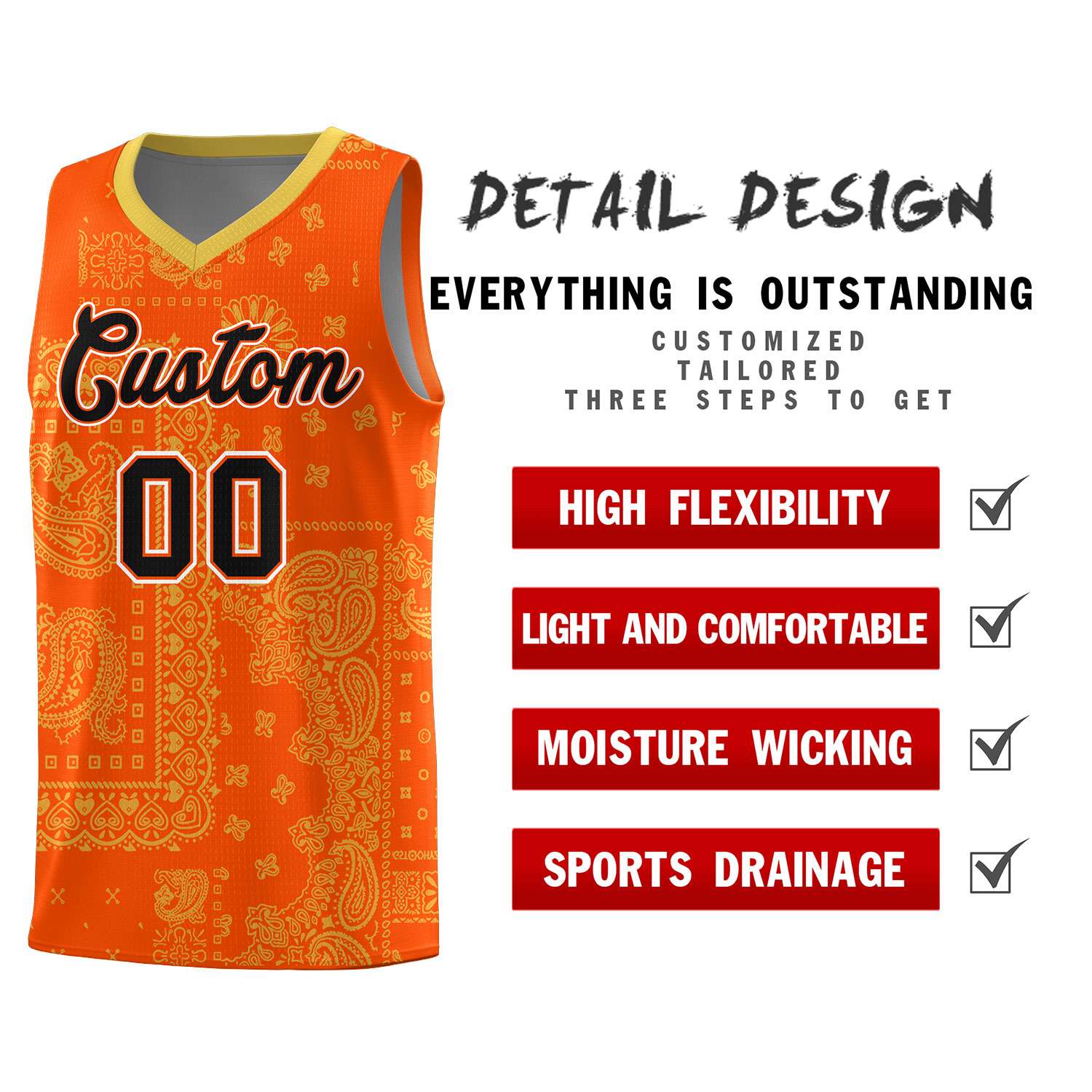 Custom Orange Basketball Kits With Old Gold Cashew Flower Print Pattern