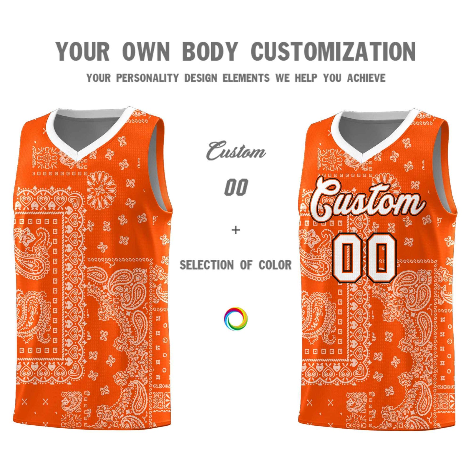 Custom Orange Basketball Kits With White Cashew Flower Print Pattern