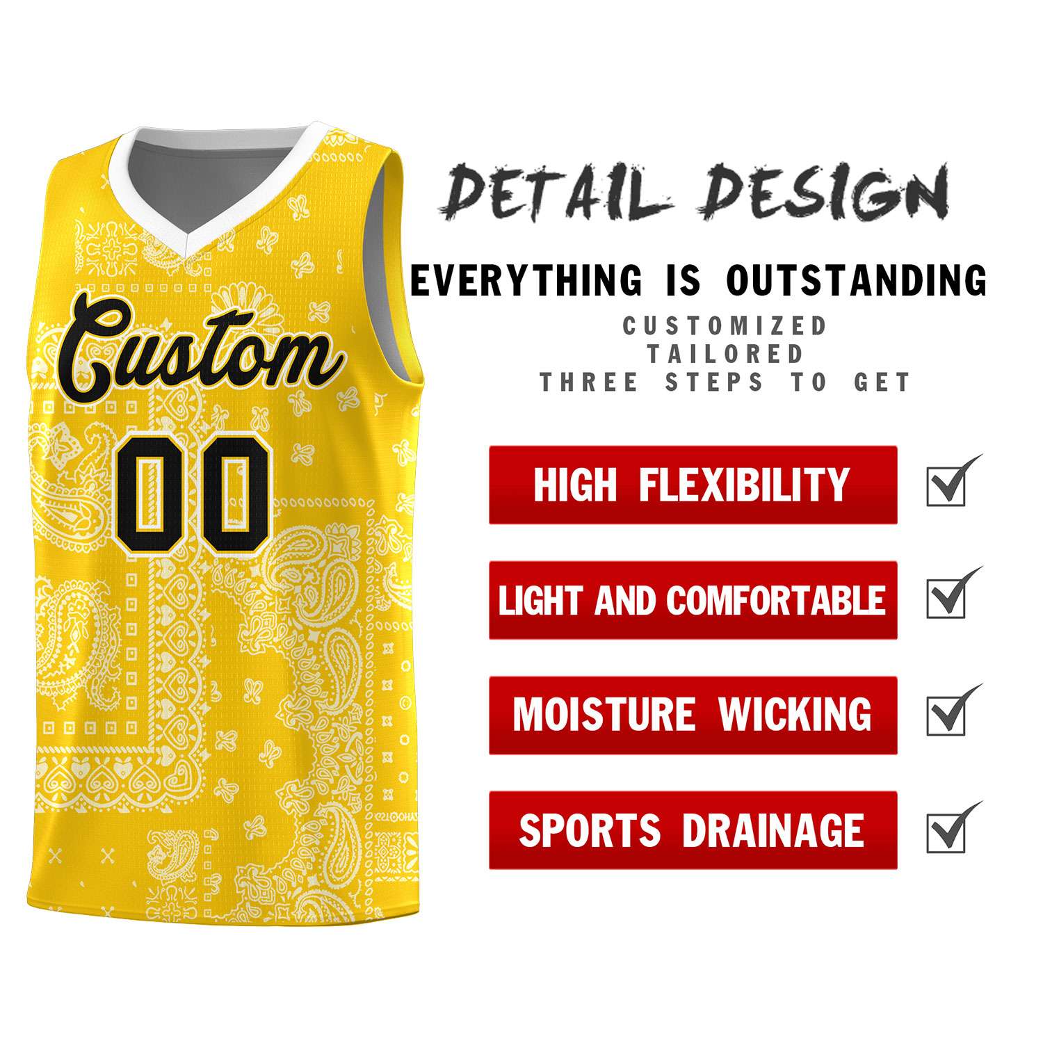 Custom Gold Basketball Kits With White Cashew Flower Print Pattern