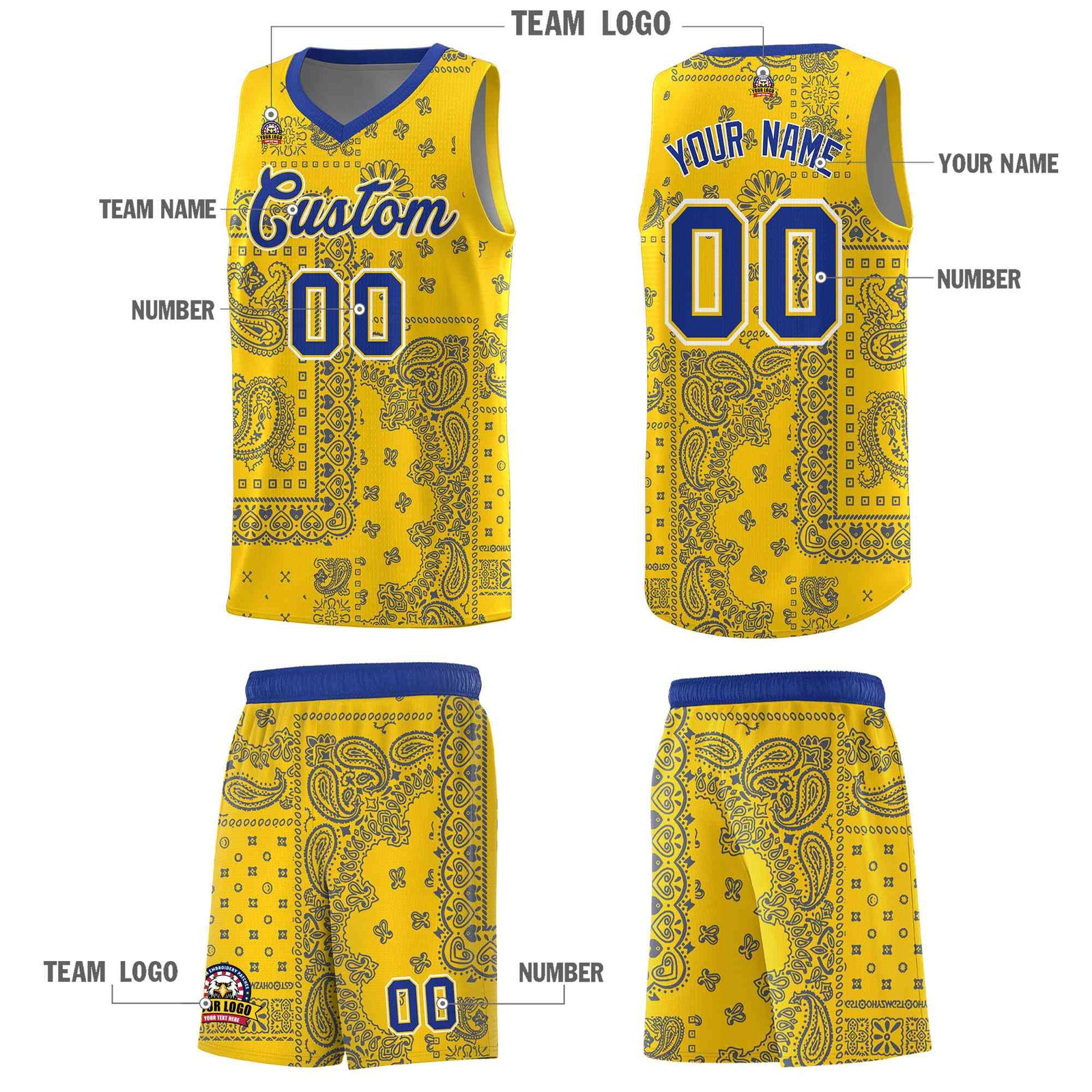 Custom Gold Basketball Kits With Royal Cashew Flower Print Pattern