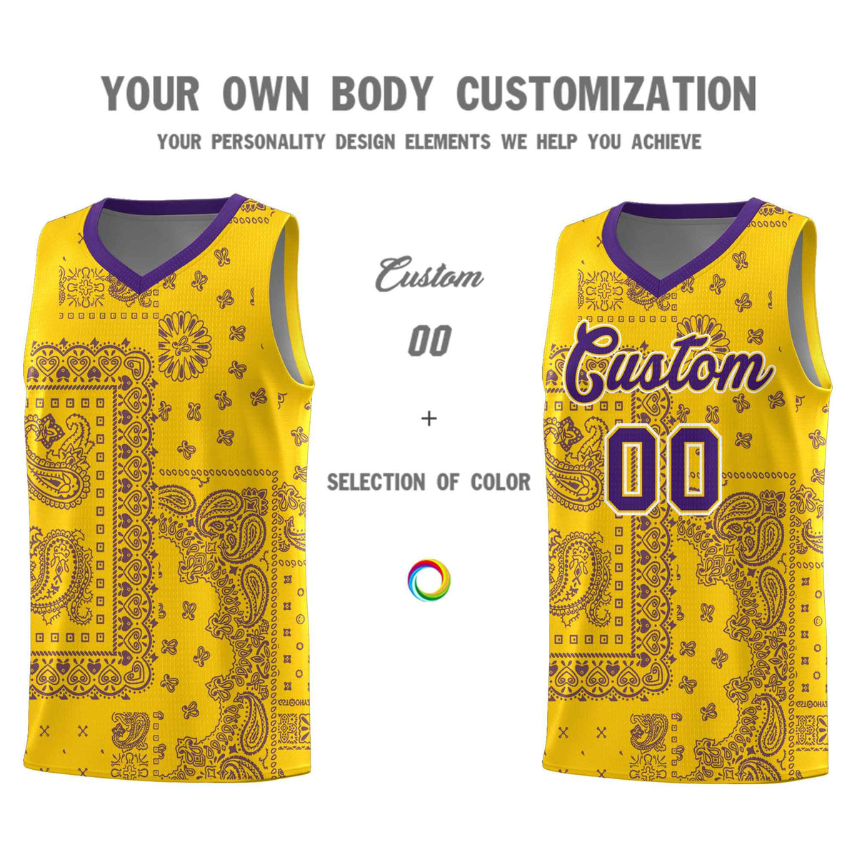 Custom Gold Basketball Kits With Purple Cashew Flower Print Pattern