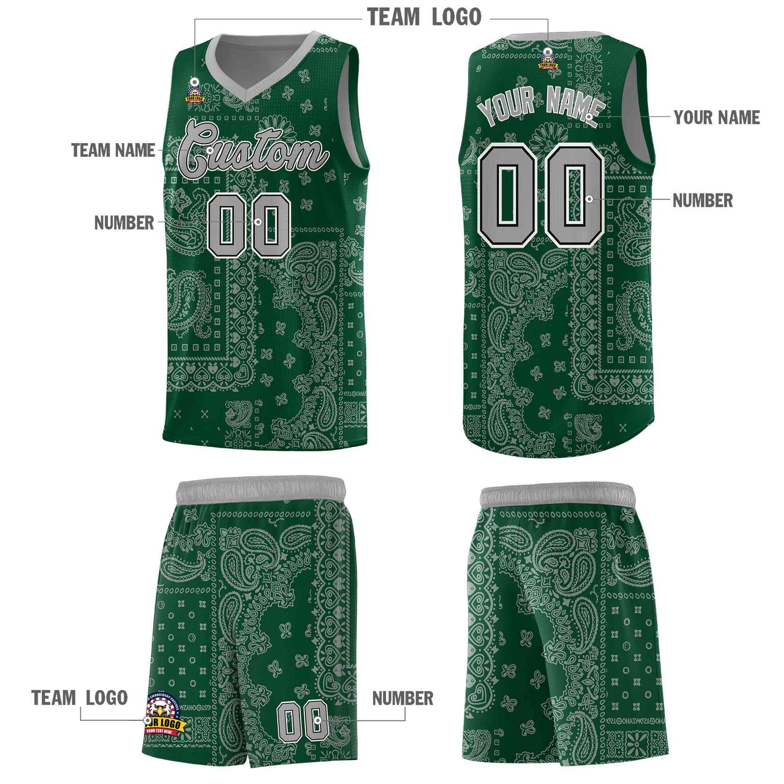 Custom Green Basketball Kits With Silver Gray Cashew Flower Print Pattern