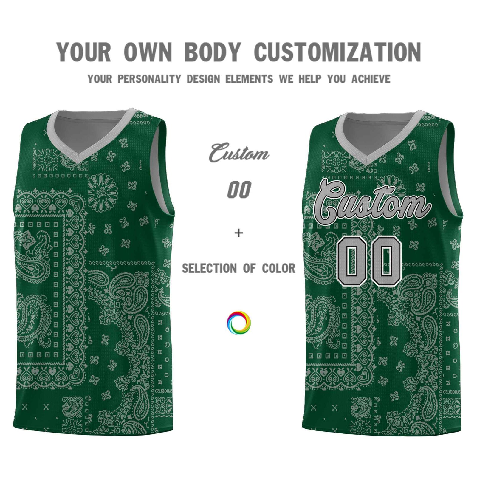 Custom Green Basketball Kits With Silver Gray Cashew Flower Print Pattern