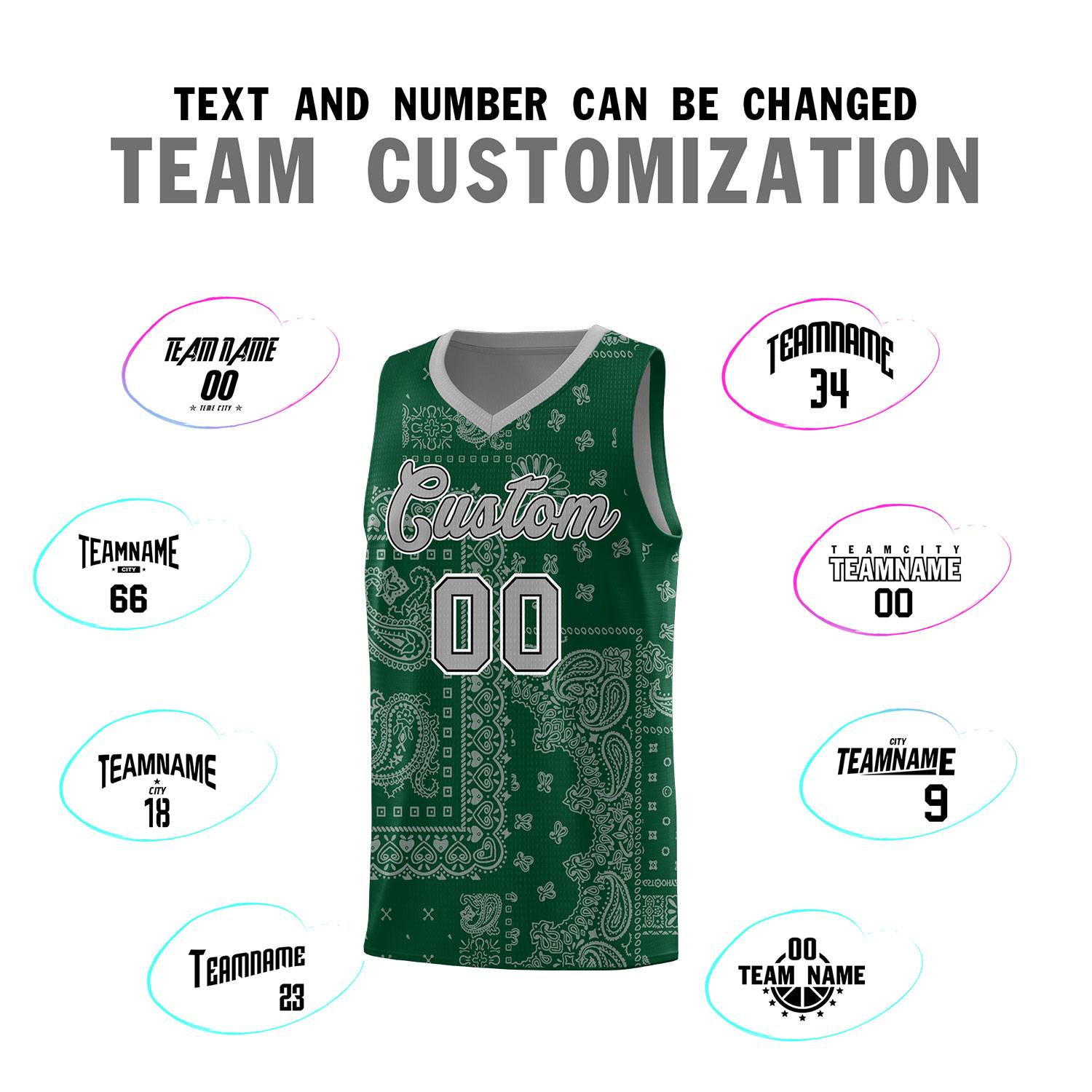 Custom Green Basketball Kits With Silver Gray Cashew Flower Print Pattern