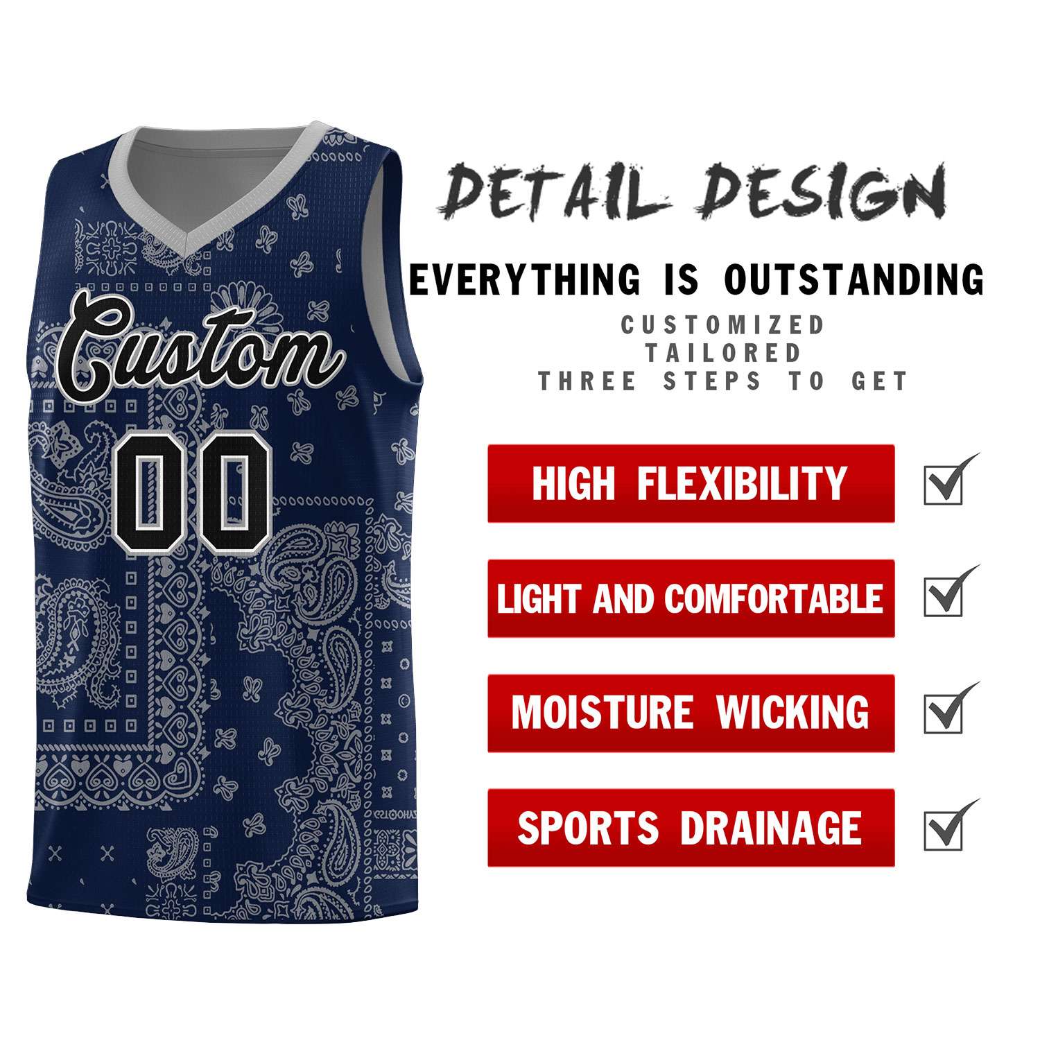 Custom Navy Basketball Kits With Silver Gray Cashew Flower Print Pattern