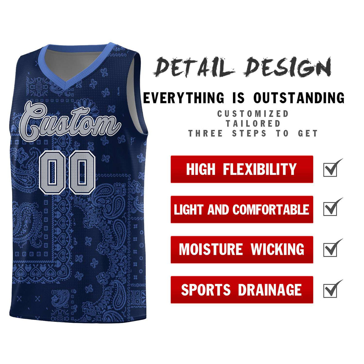 Custom Navy Basketball Kits With Light Blue Cashew Flower Print Pattern