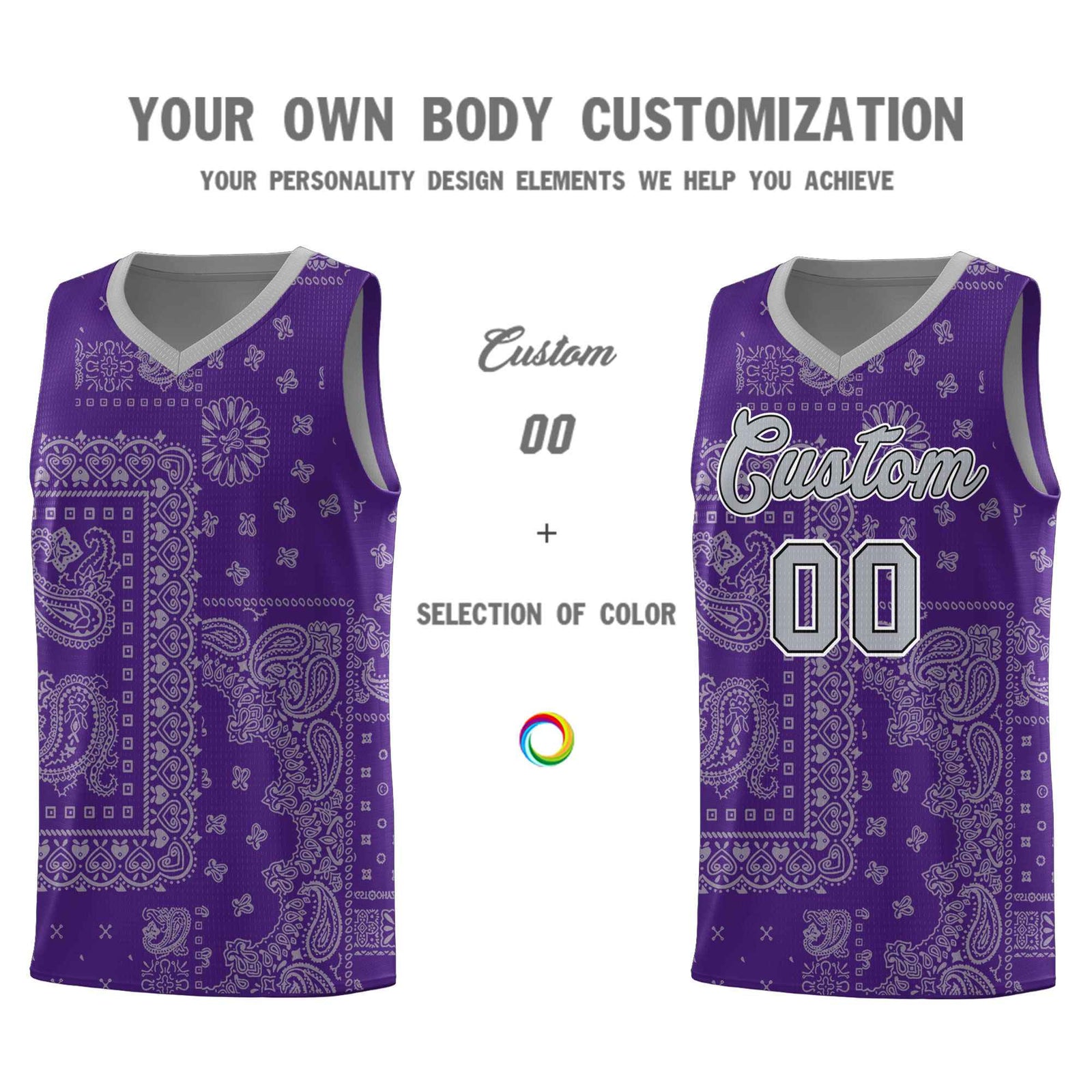 Custom Purple Basketball Kits With Gray Cashew Flower Print Pattern