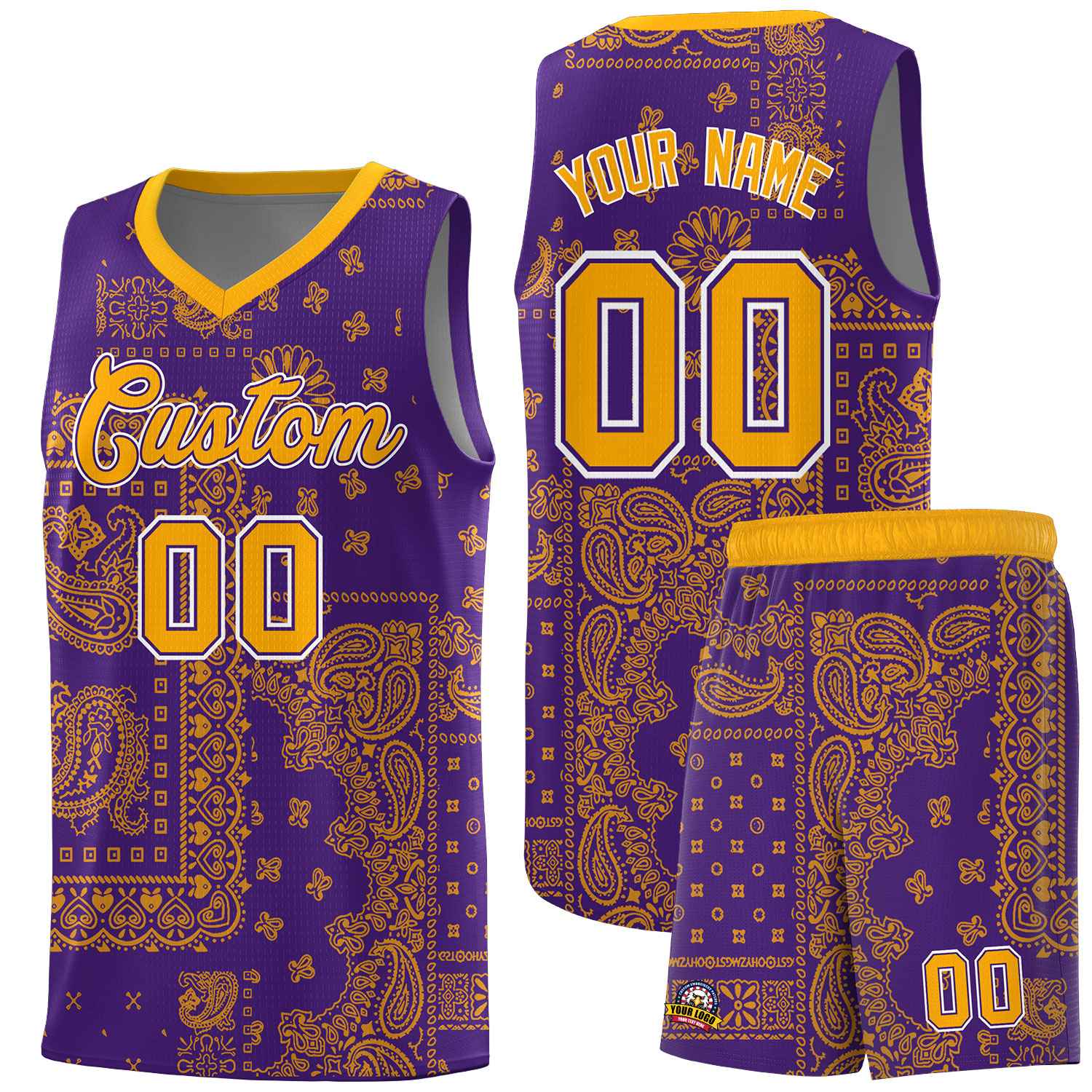 Custom Purple Basketball Kits With Yellow Cashew Flower Print Pattern