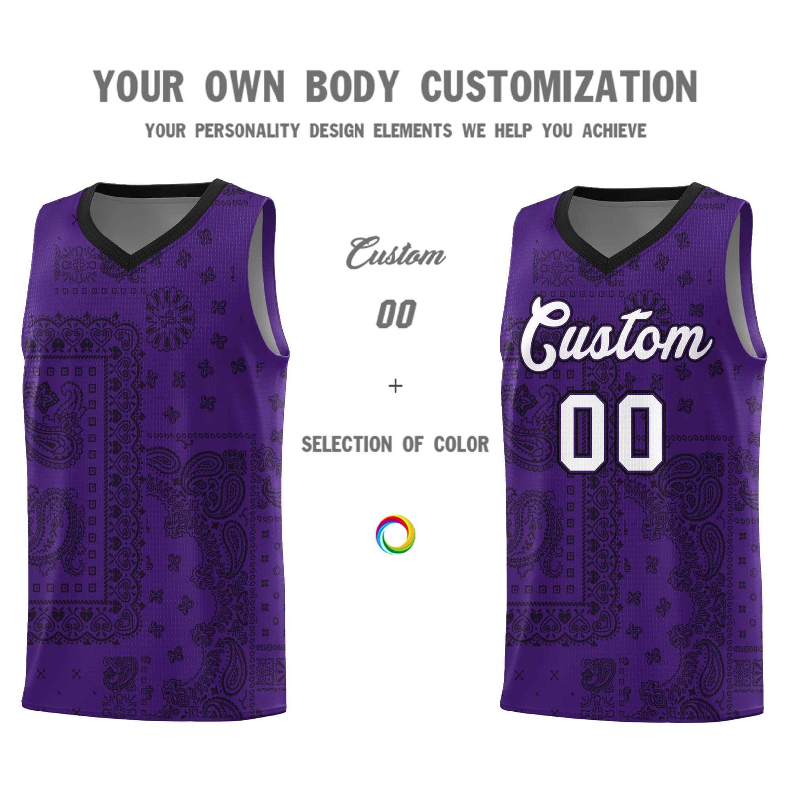 Custom Purple Basketball Kits With Black Cashew Flower Print Pattern