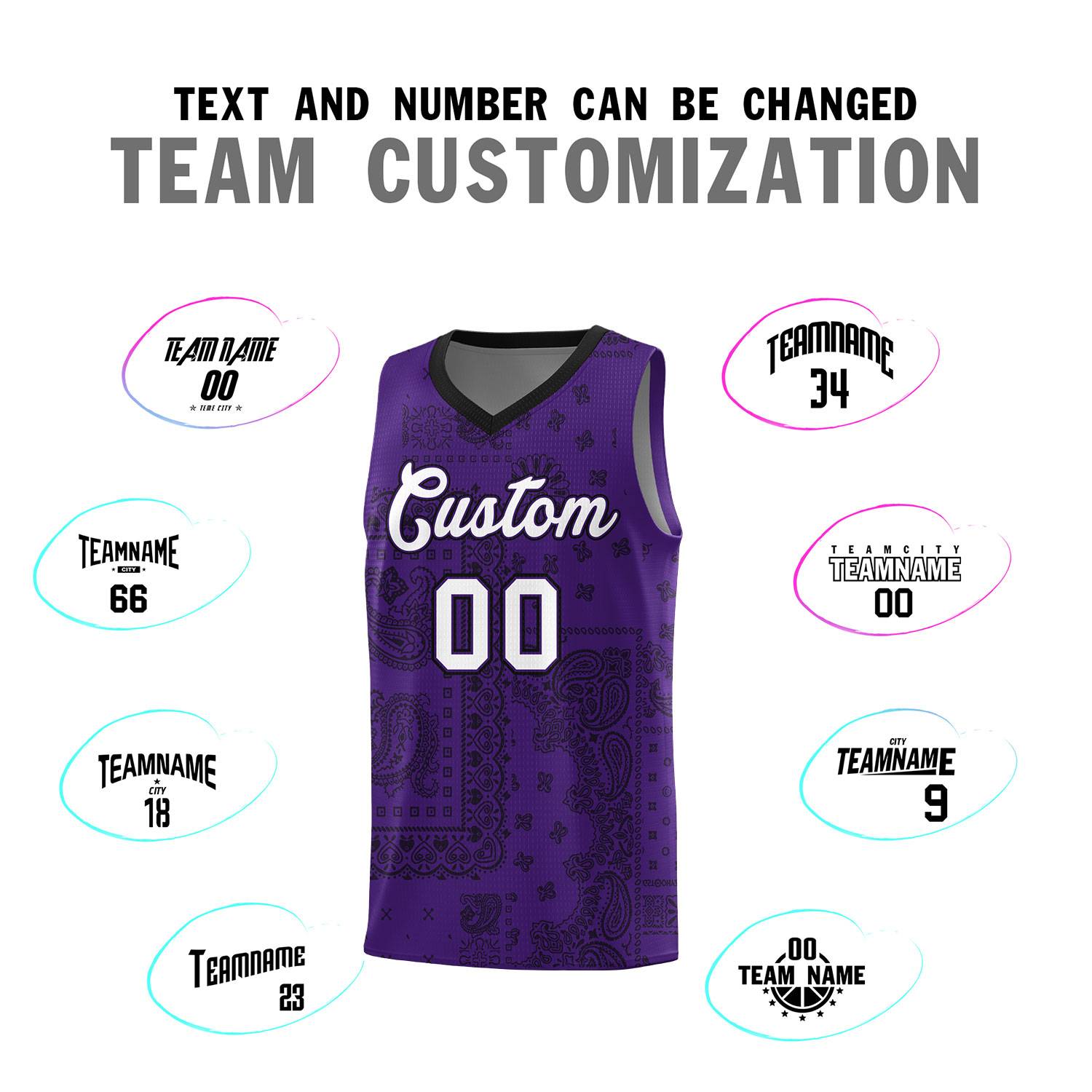 Custom Purple Basketball Kits With Black Cashew Flower Print Pattern