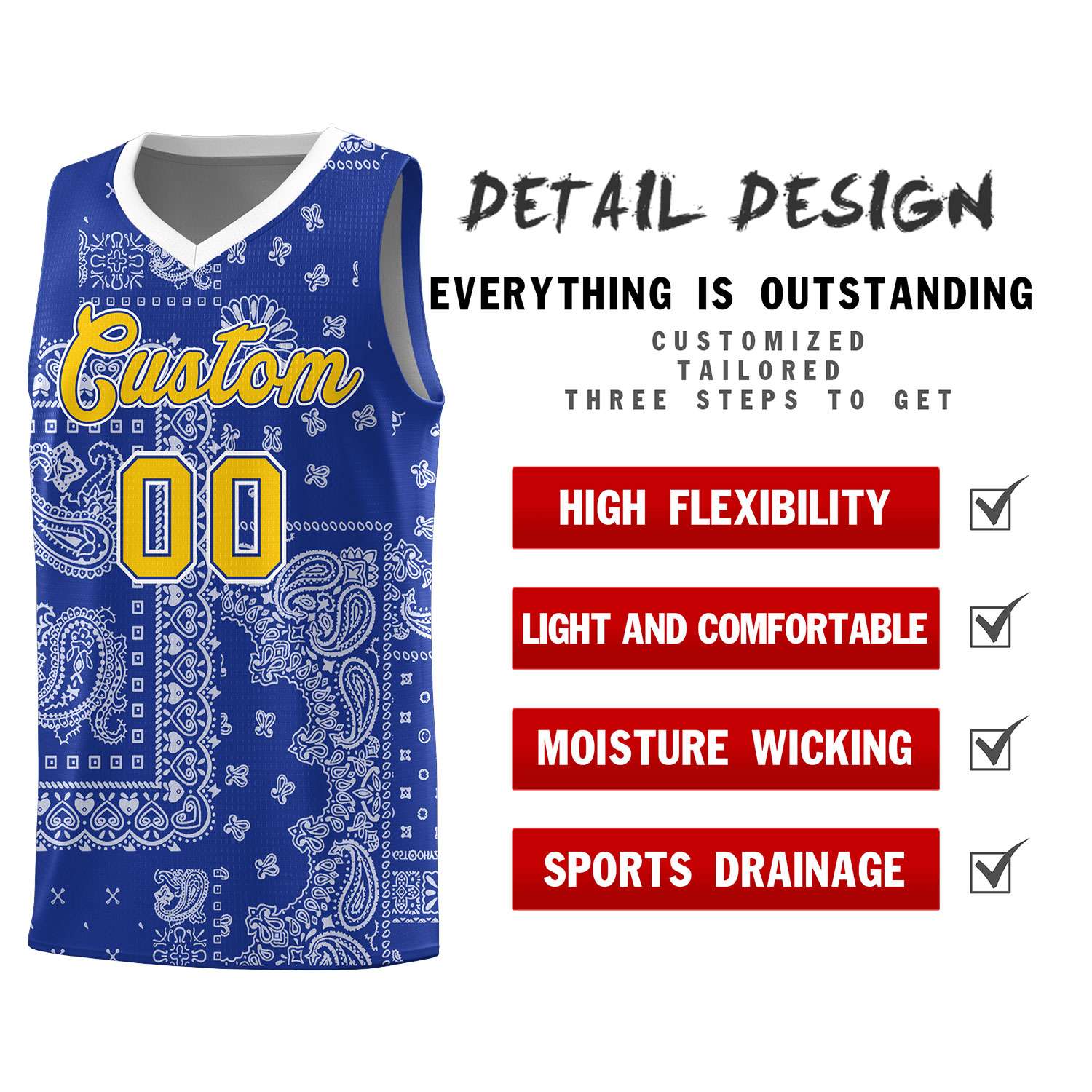 Custom Royal Basketball Kits With White Cashew Flower Print Pattern
