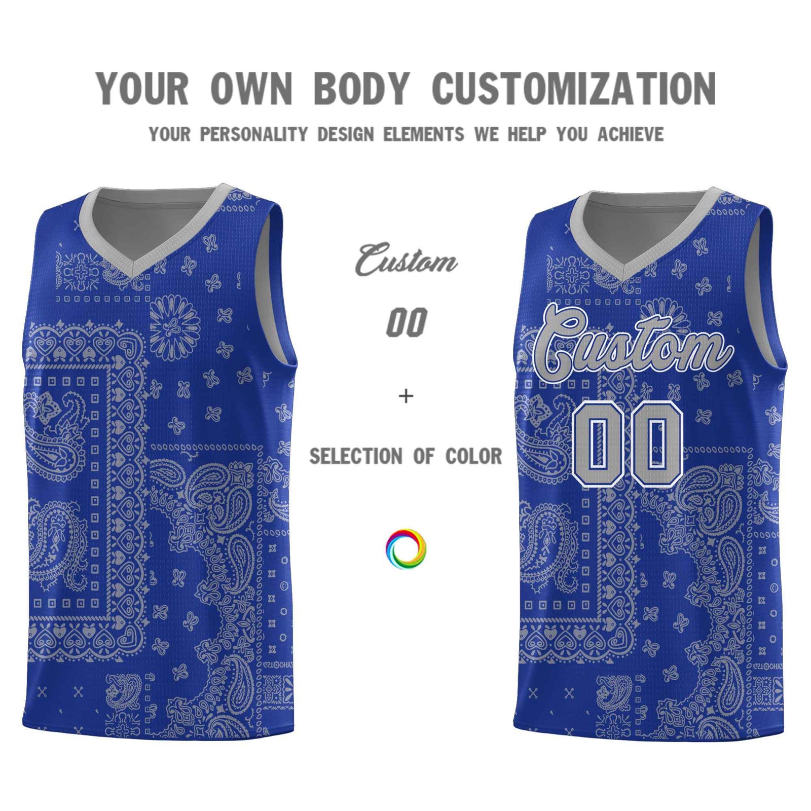 Custom Royal Basketball Kits With Silver Cashew Flower Print Pattern
