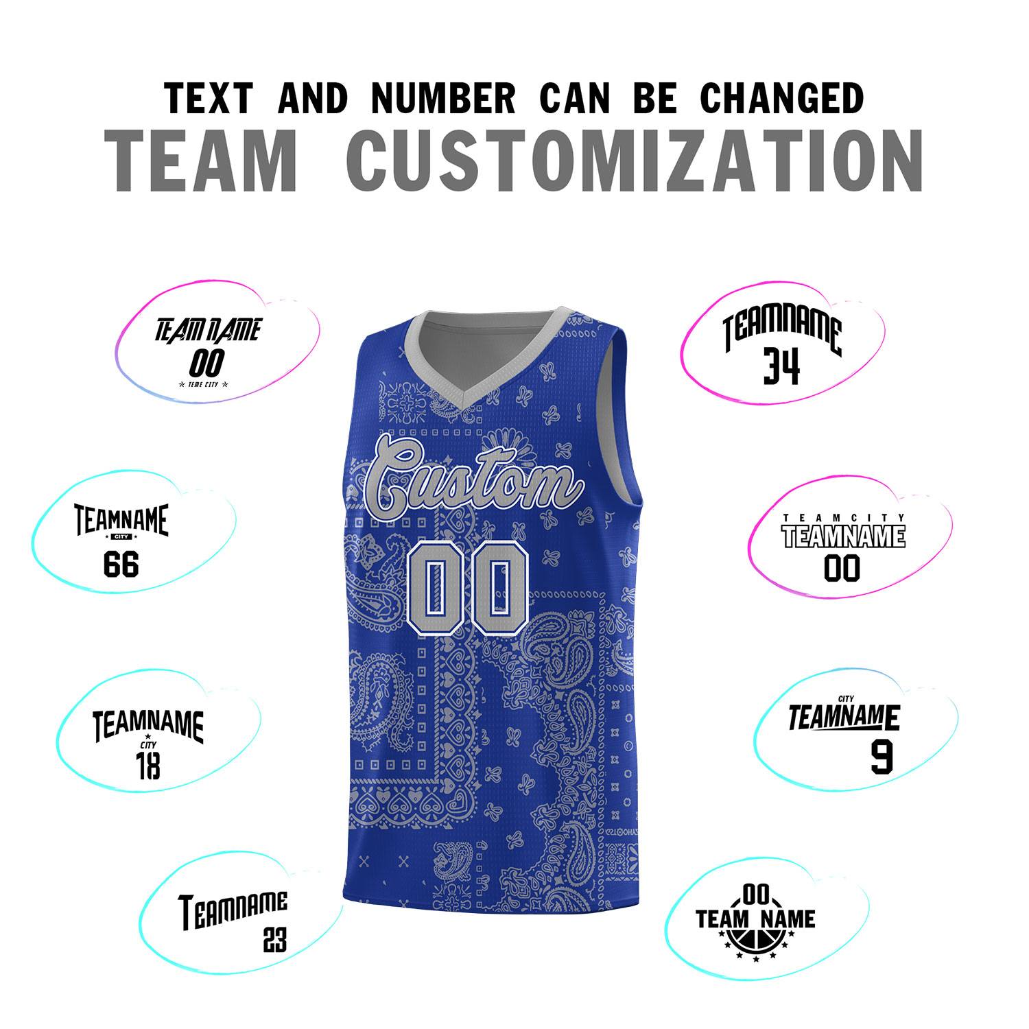 Custom Royal Basketball Kits With Silver Cashew Flower Print Pattern