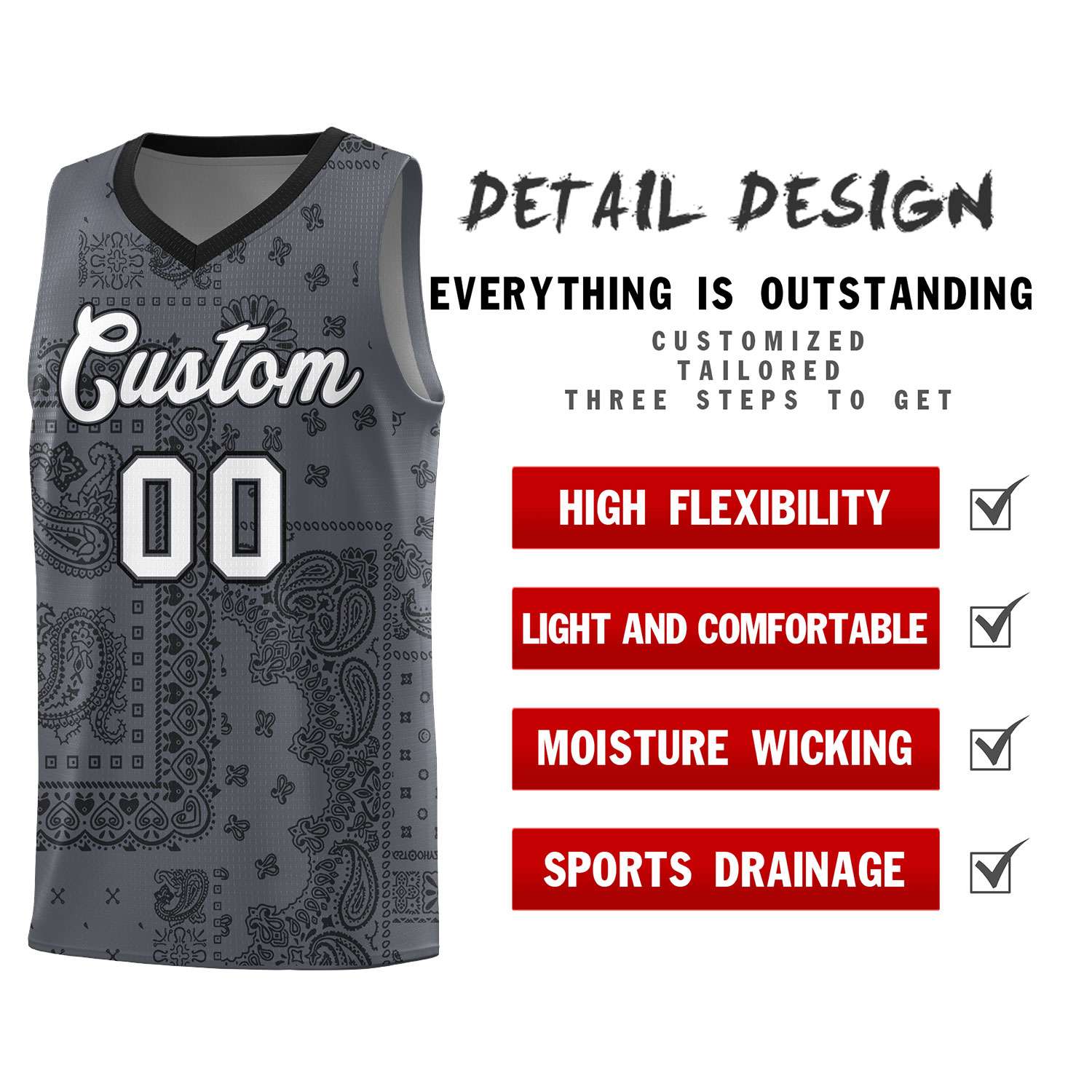 Custom Gray Basketball Kits With Black Cashew Flower Print Pattern