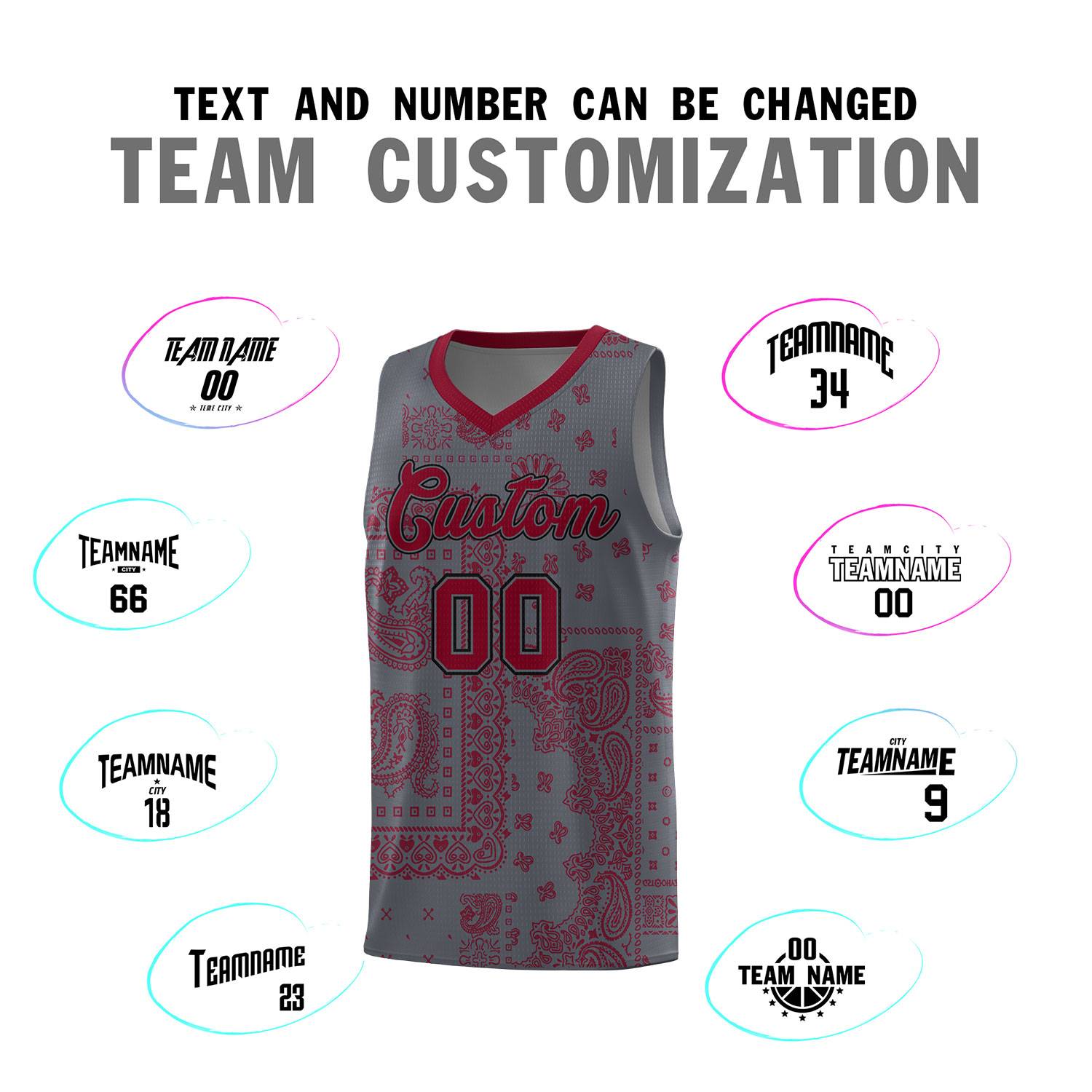 Custom Gray Basketball Kits With Crimson Cashew Flower Print Pattern