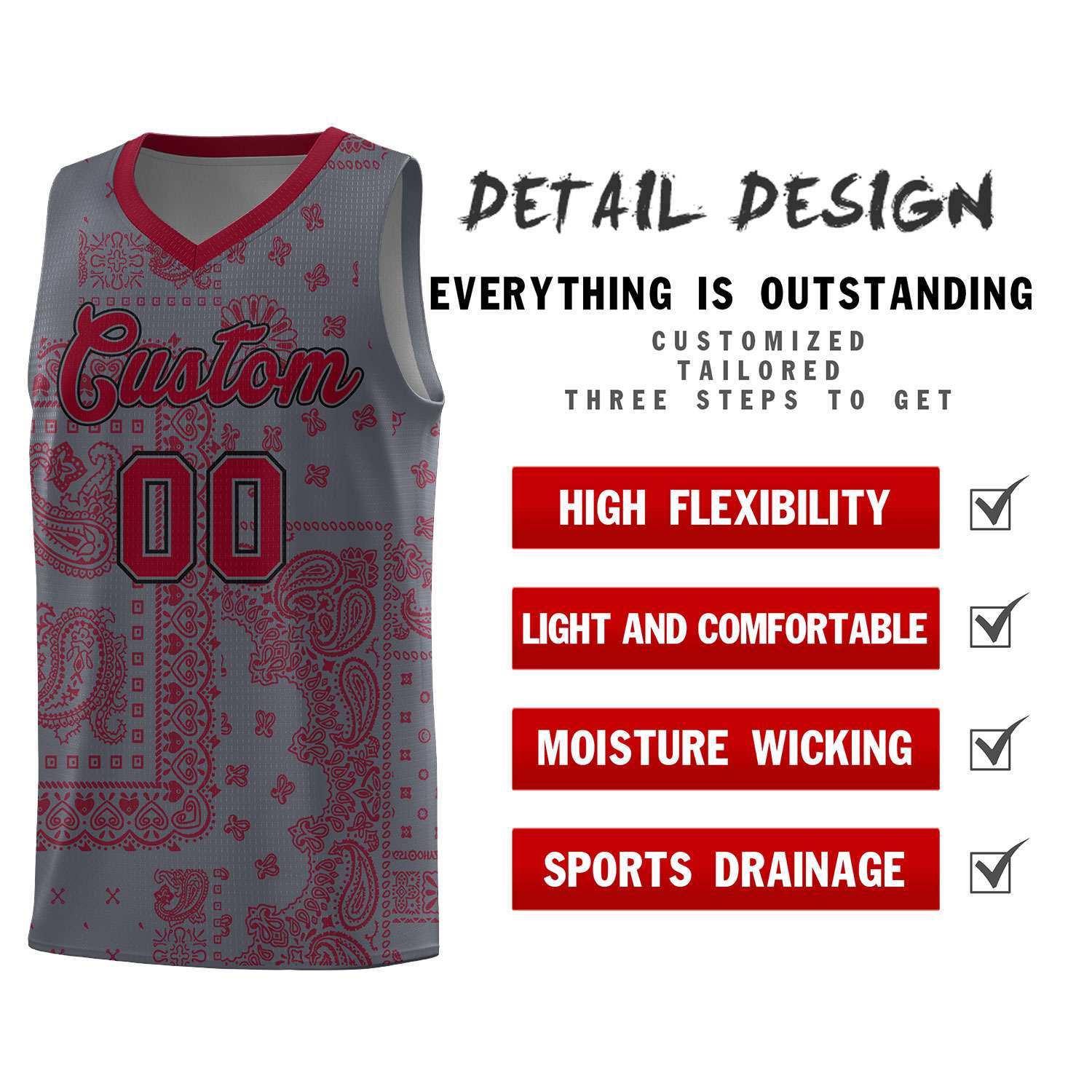 Custom Gray Basketball Kits With Crimson Cashew Flower Print Pattern