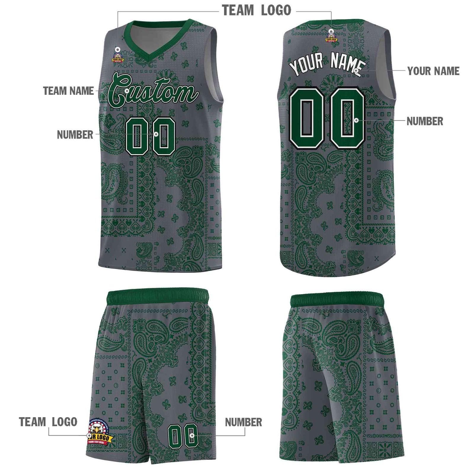 Custom Gray Basketball Kits With Kelly Green Cashew Flower Print Pattern