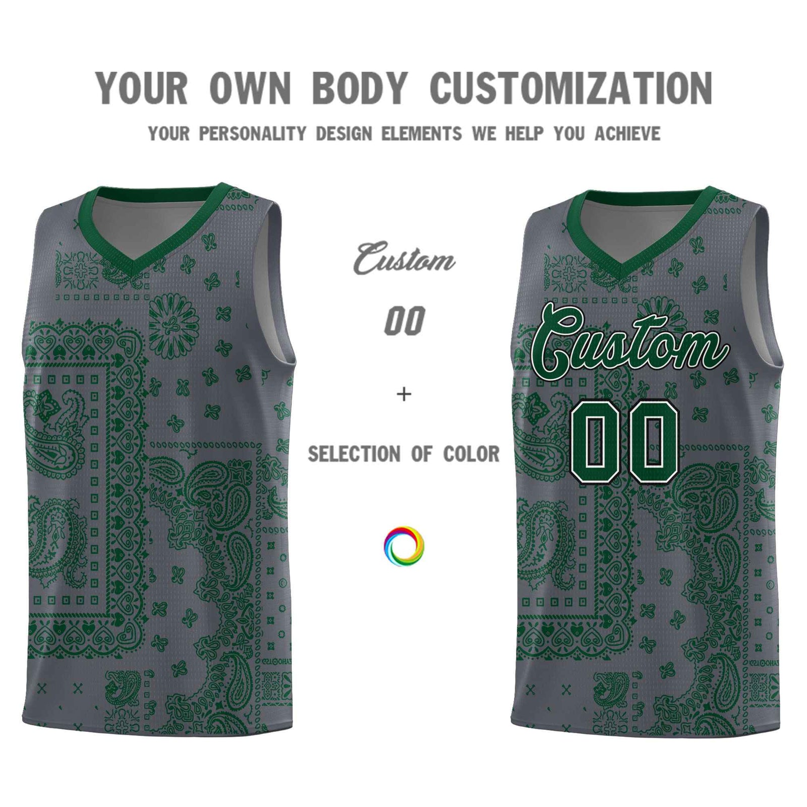 Custom Gray Basketball Kits With Kelly Green Cashew Flower Print Pattern