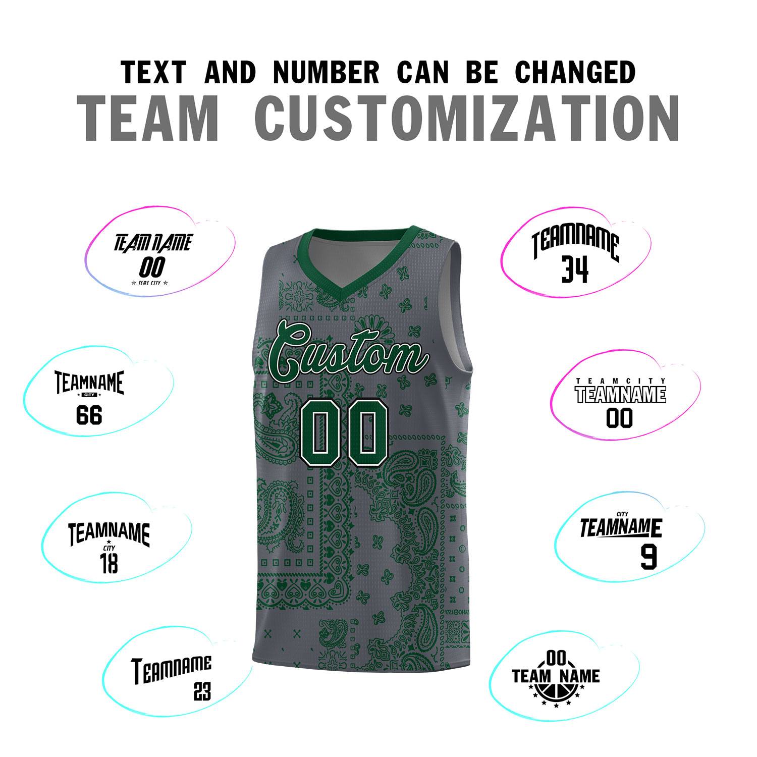 Custom Gray Basketball Kits With Kelly Green Cashew Flower Print Pattern