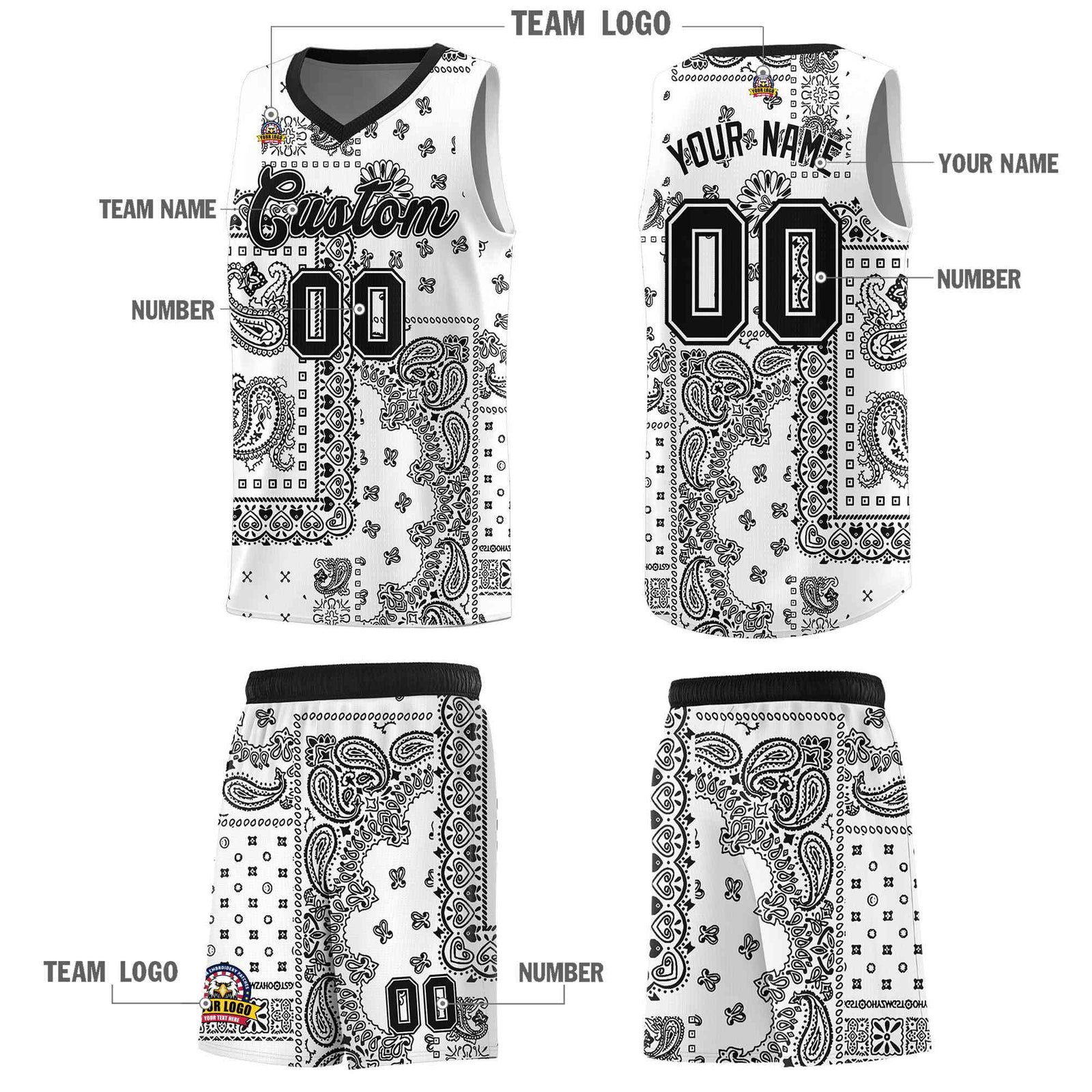 Custom White Basketball Kits With Black Cashew Flower Print Pattern